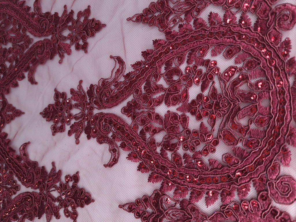 Tul bordado color vino H129, ideal para vestidos de noche de boda y de XV años