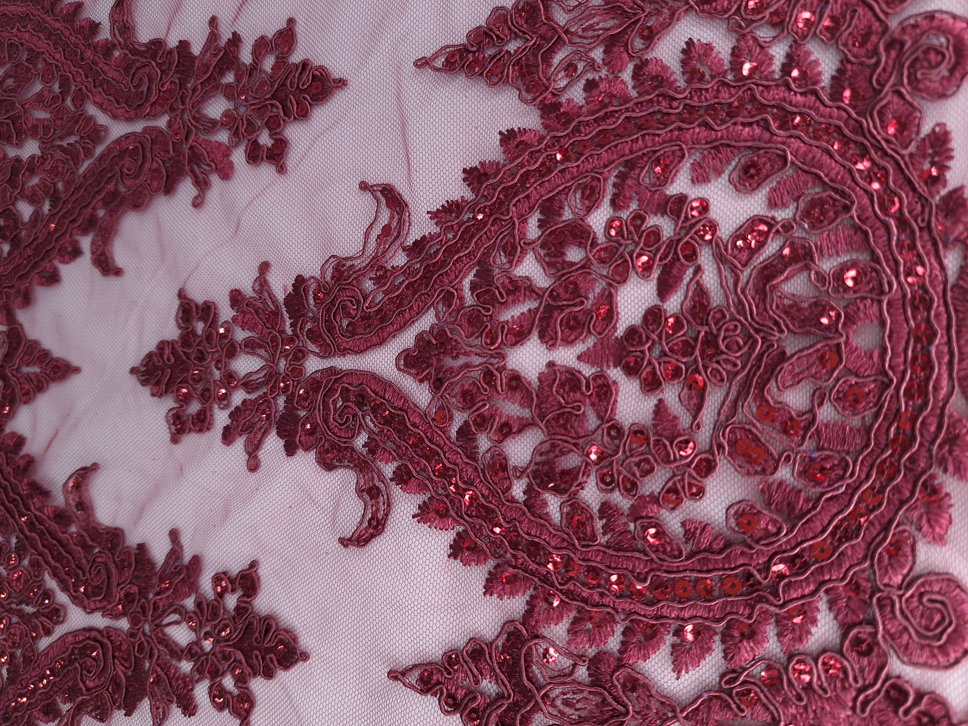 Tul bordado color vino H129, ideal para vestidos de noche de boda y de XV años