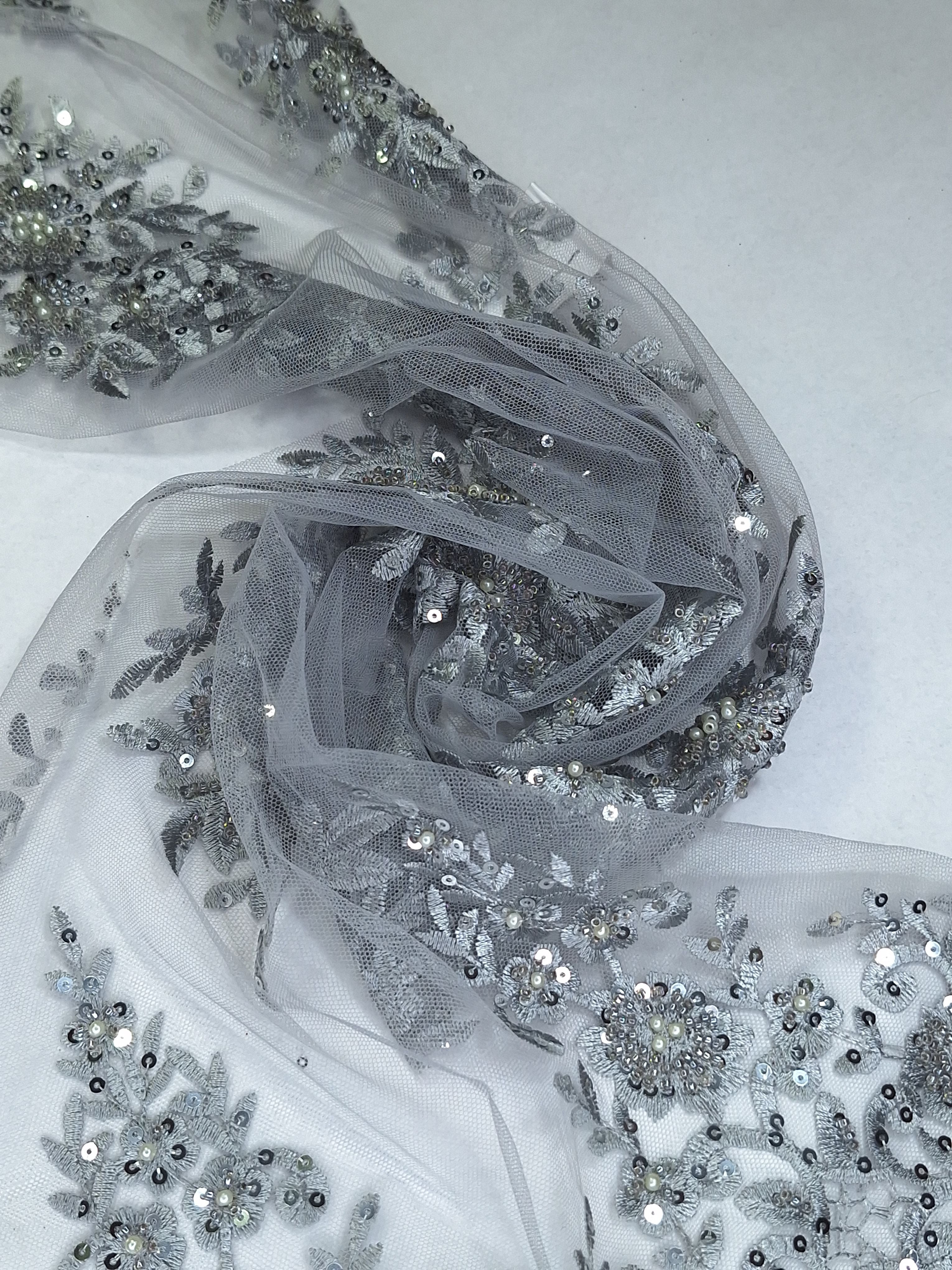 Tul bordado color plata A980, ideal para vestidos de noche de boda y de XV años