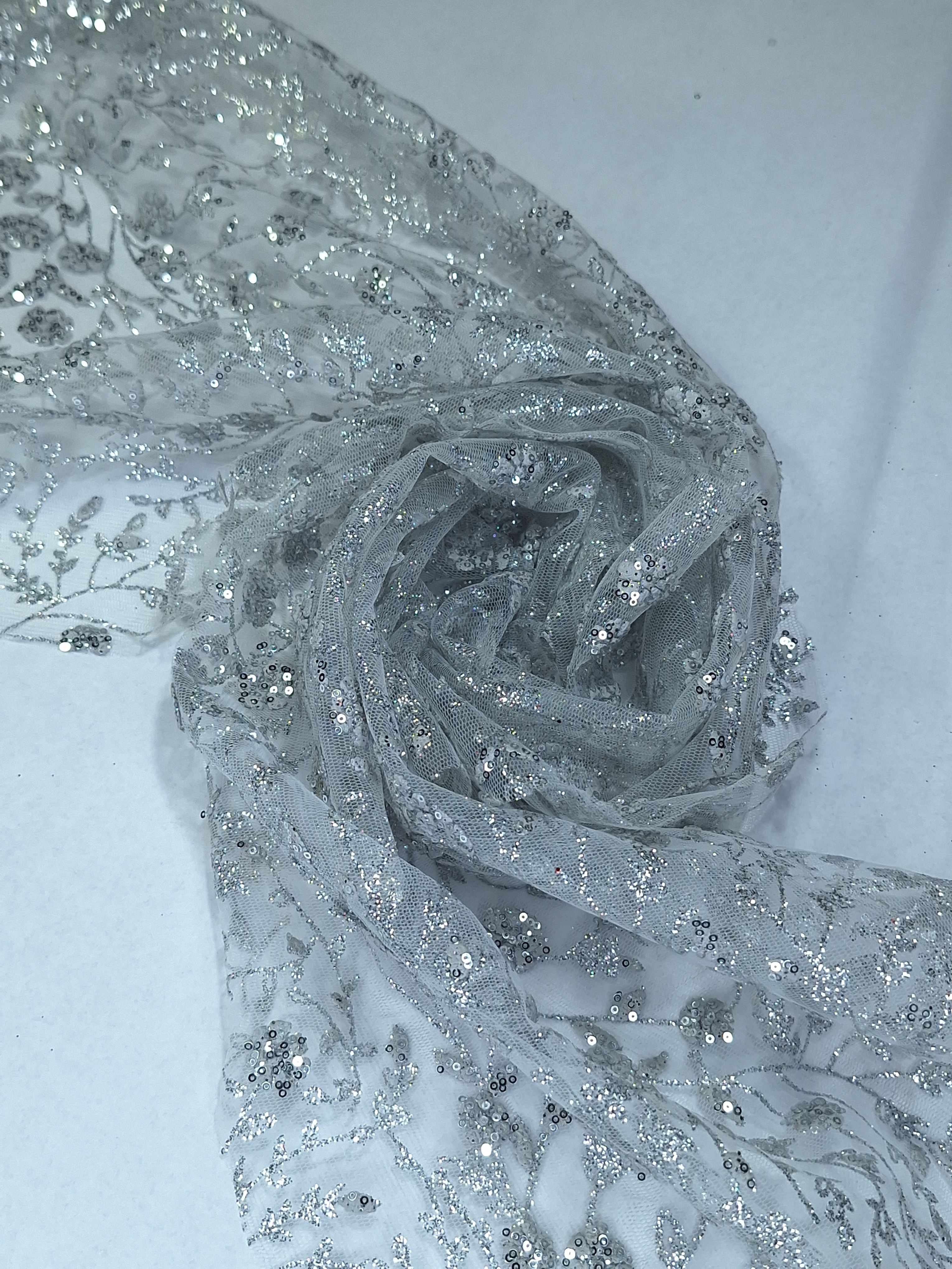 Tul bordado color plata H036, ideal para vestidos de noche de boda y de XV años