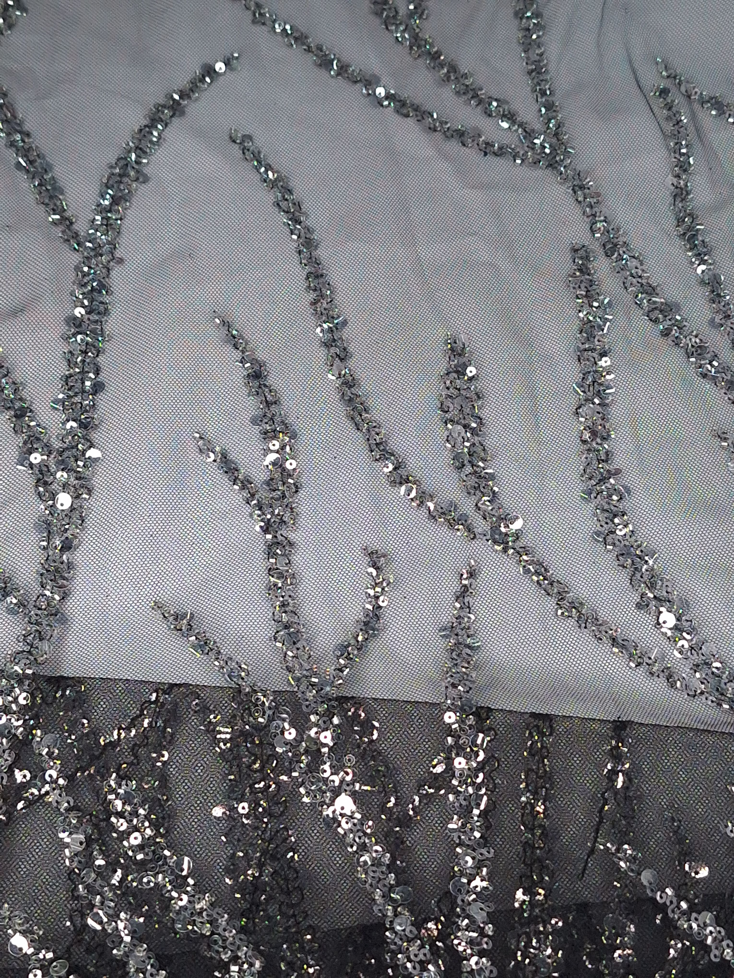 Tul bordado color negro plata A957, ideal para vestidos de noche de boda y de XV años