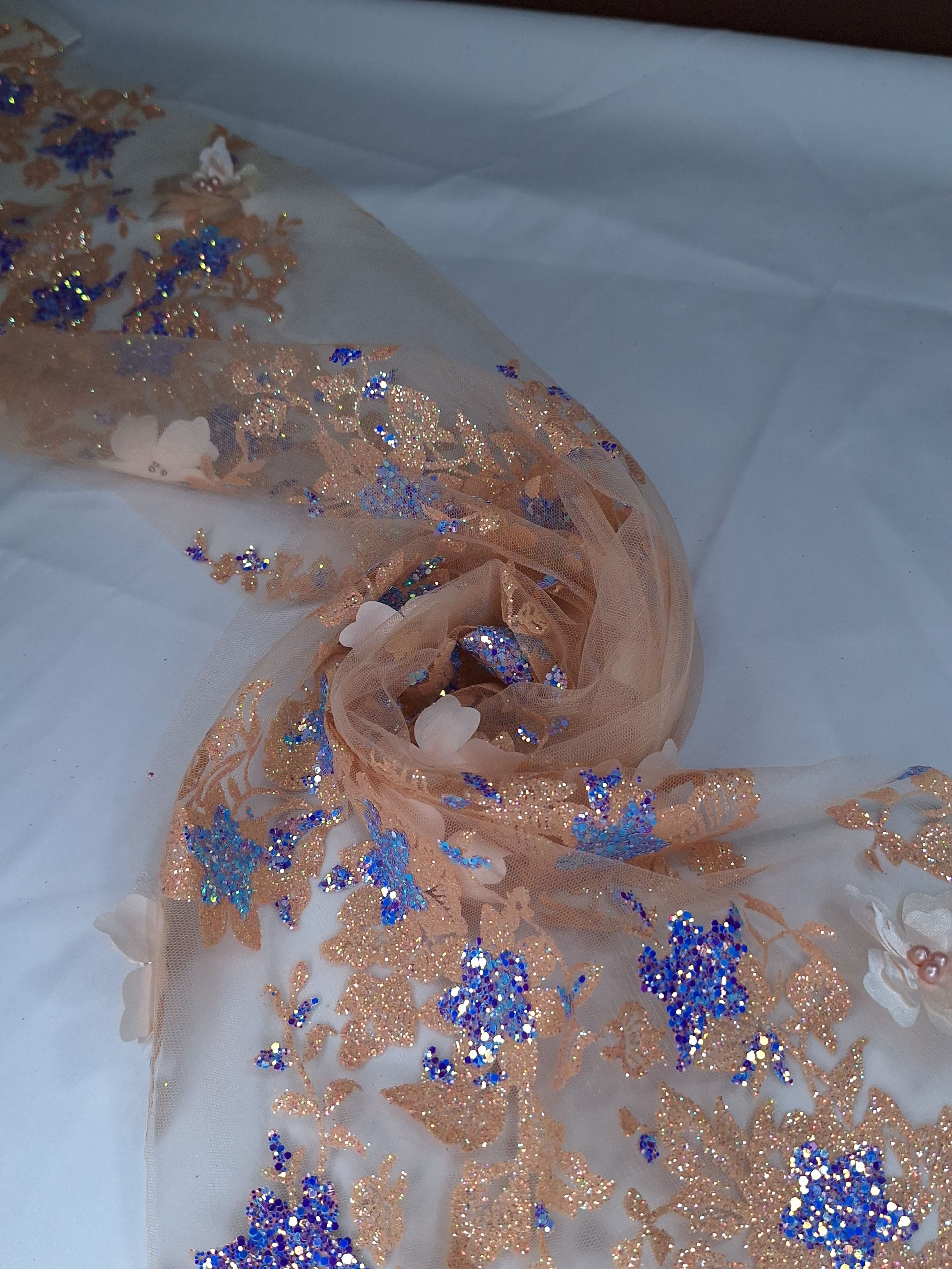 Tul bordado color salmón  H166, ideal para vestidos de noche de boda y de XV años