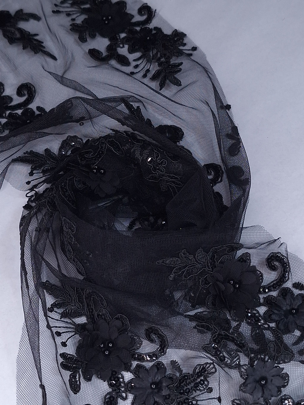 Tul bordado color negro H164, ideal para vestidos de noche de boda y de XV años
