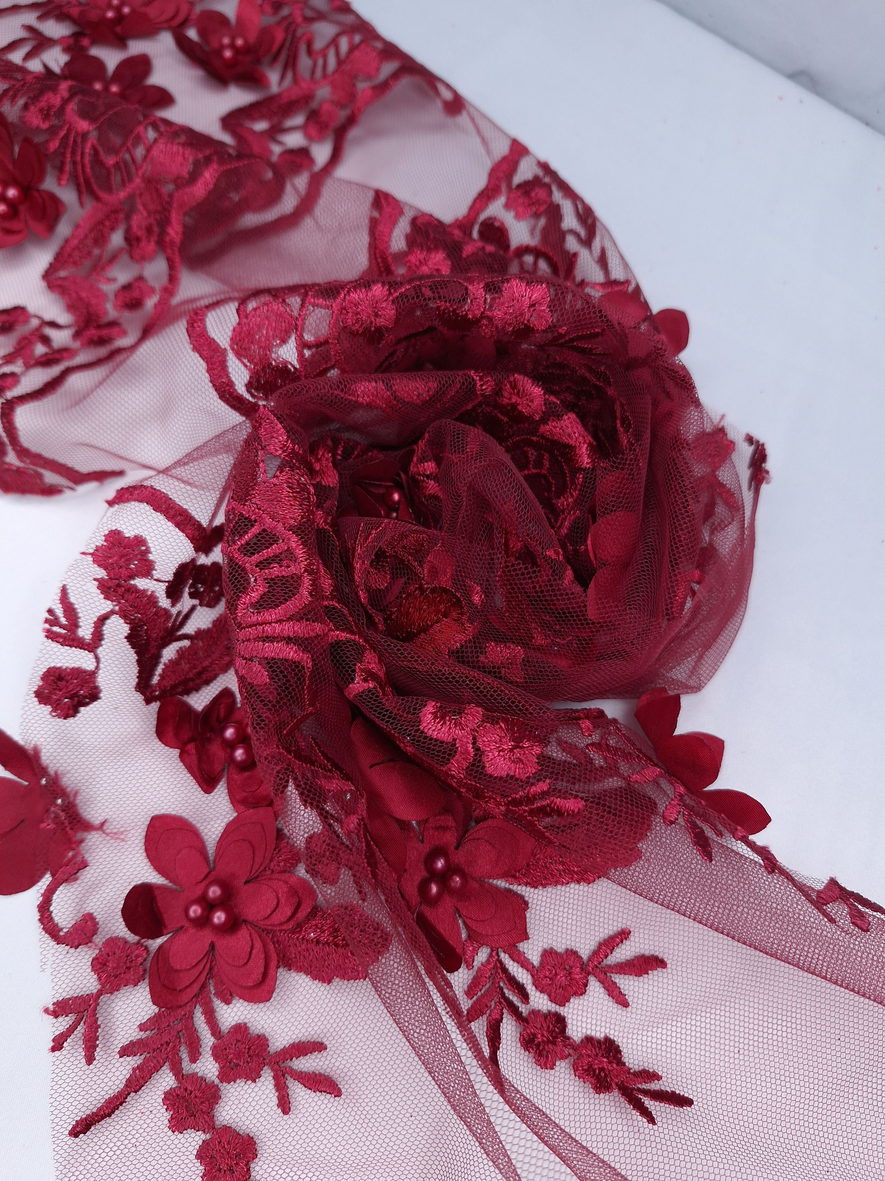 Tul bordado color vino H139, ideal para vestidos de noche de boda y de XV años