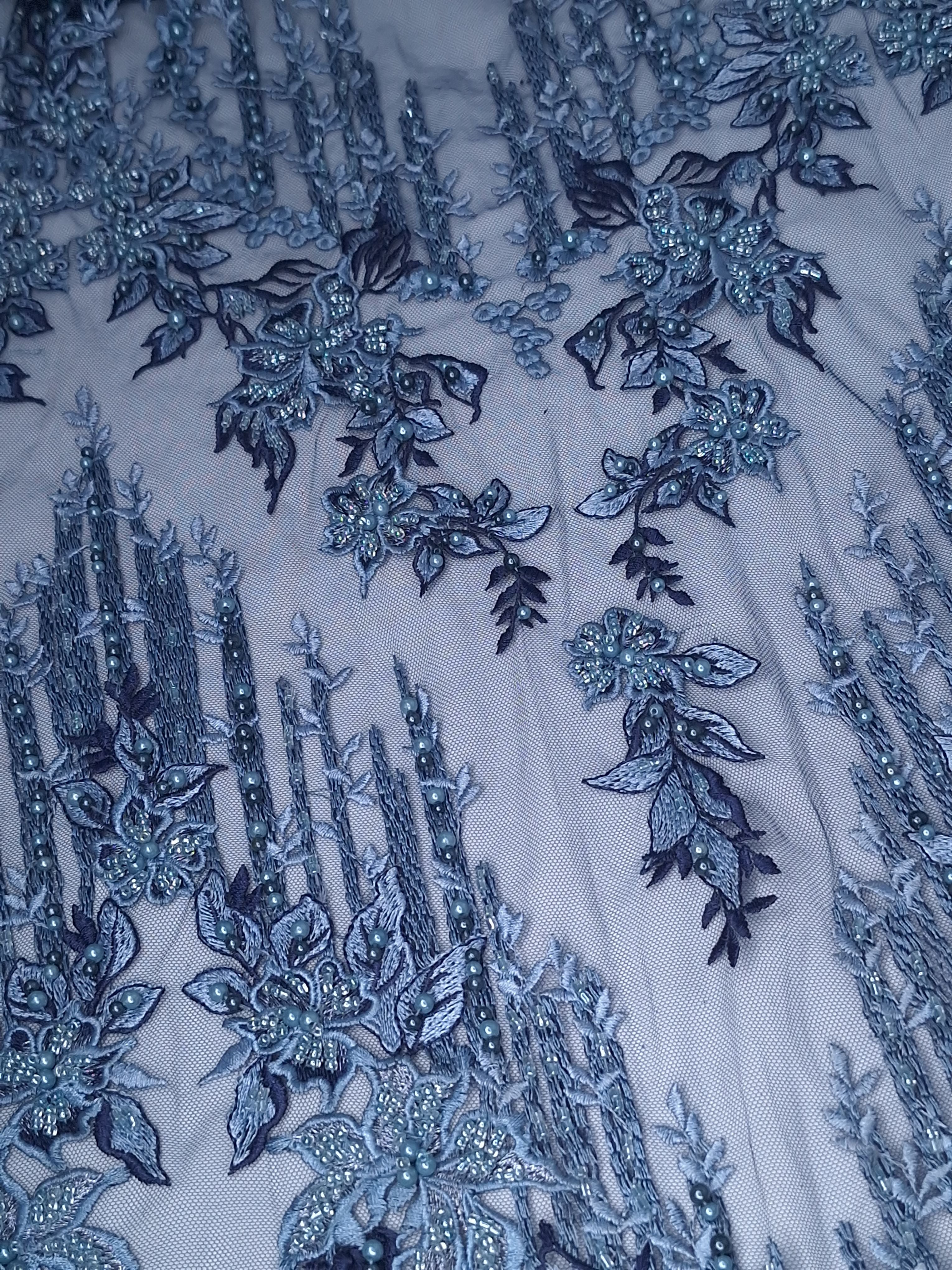 Tul bordado color azul A867, ideal para vestidos de noche de boda y de XV años