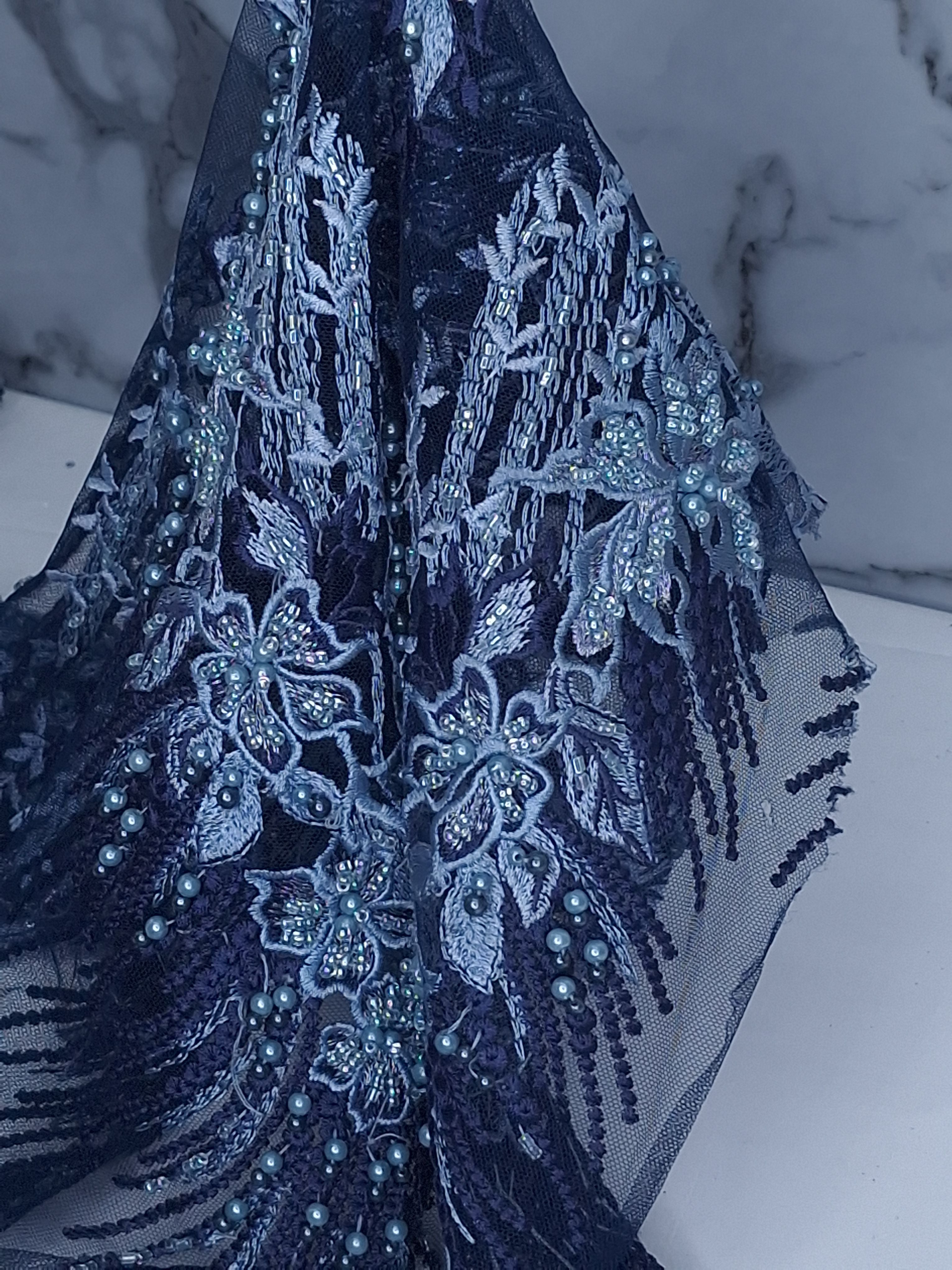 Tul bordado color azul A867, ideal para vestidos de noche de boda y de XV años