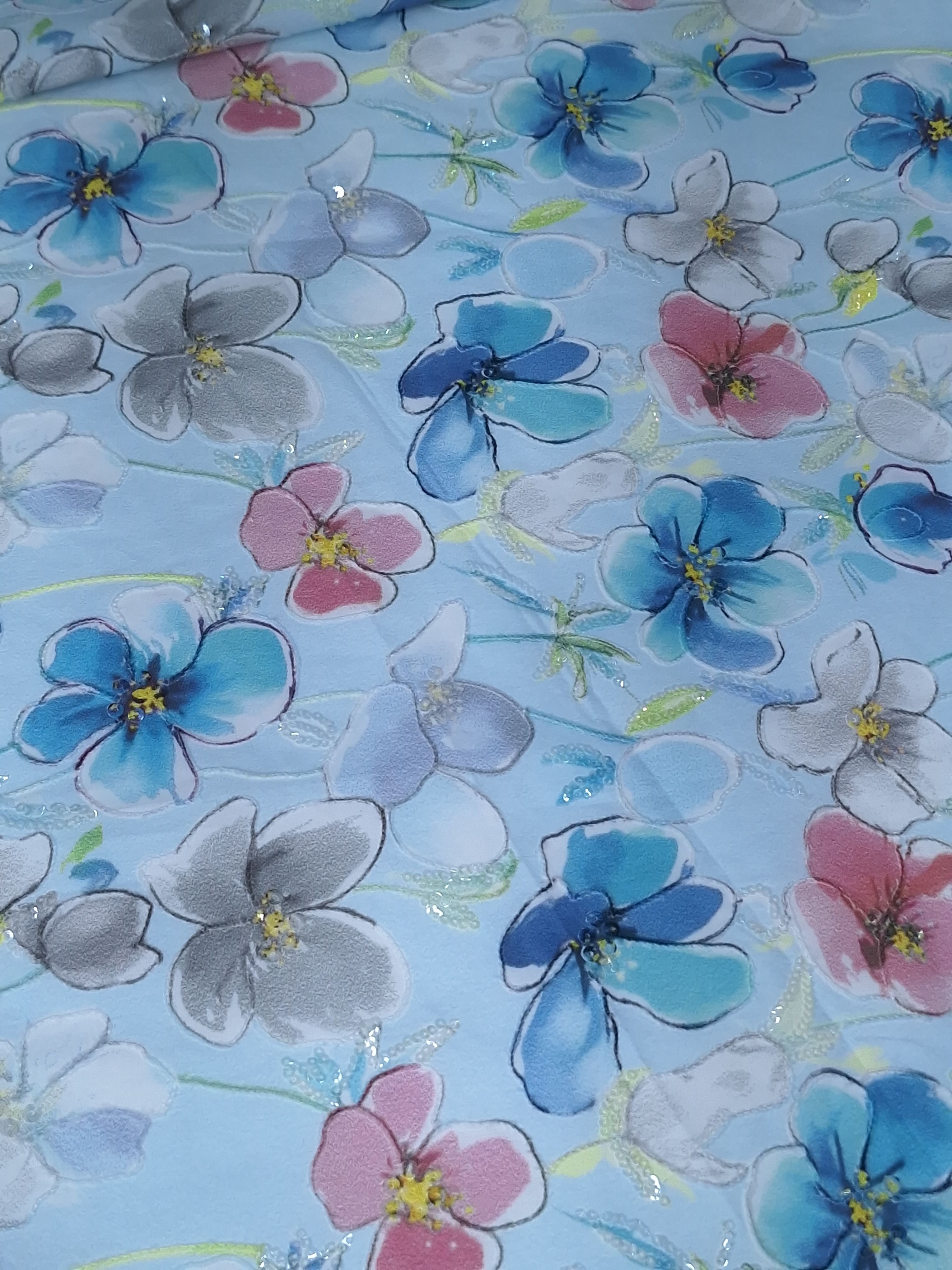 Tul bordado color azul H225, ideal para vestidos de noche de boda y de XV años