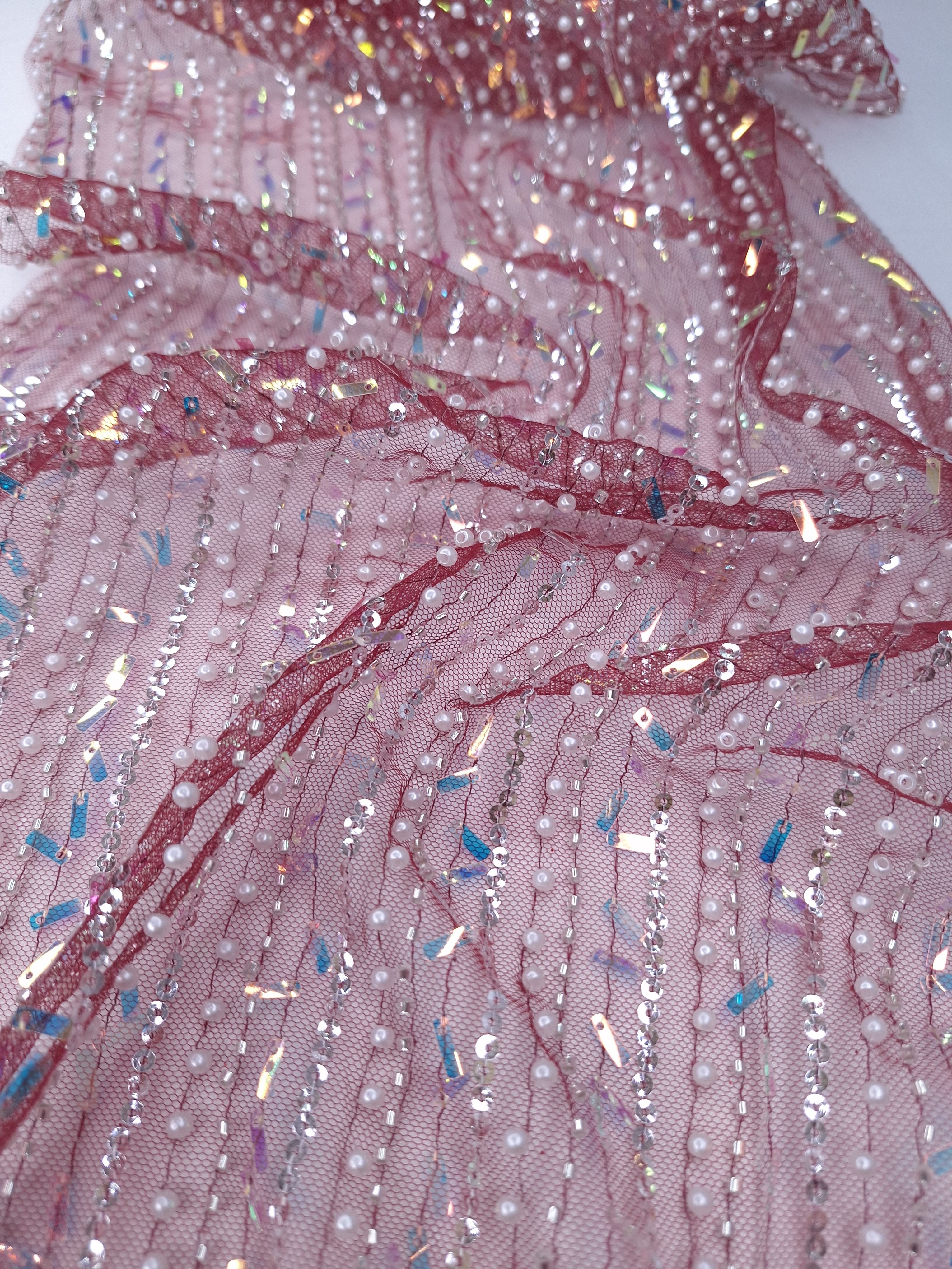 Tul bordado color vino H122, ideal para vestidos de noche de boda y de XV años