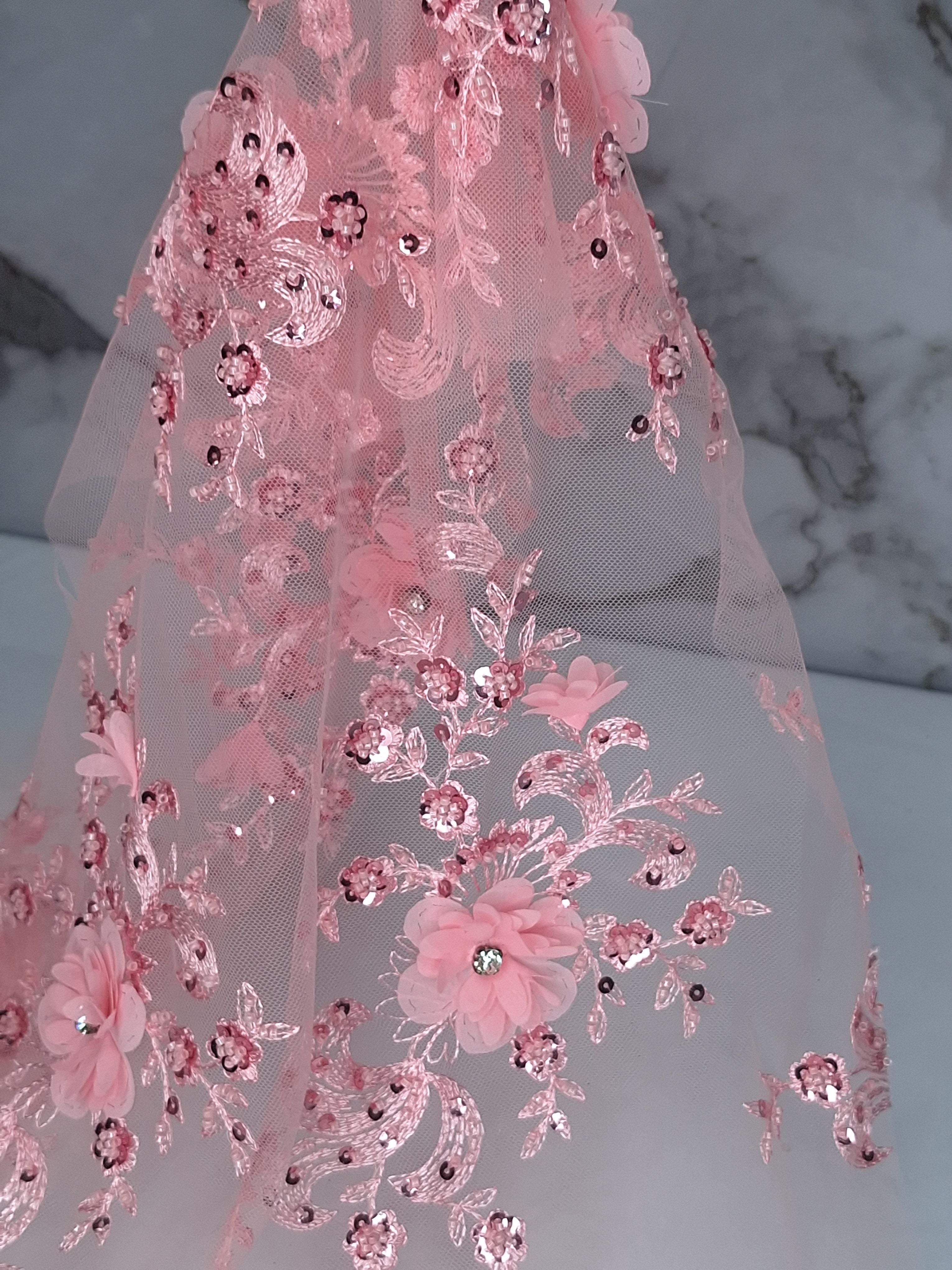 Tul bordado color rosa claro H132 para vestidos de noche, de boda y de XV años