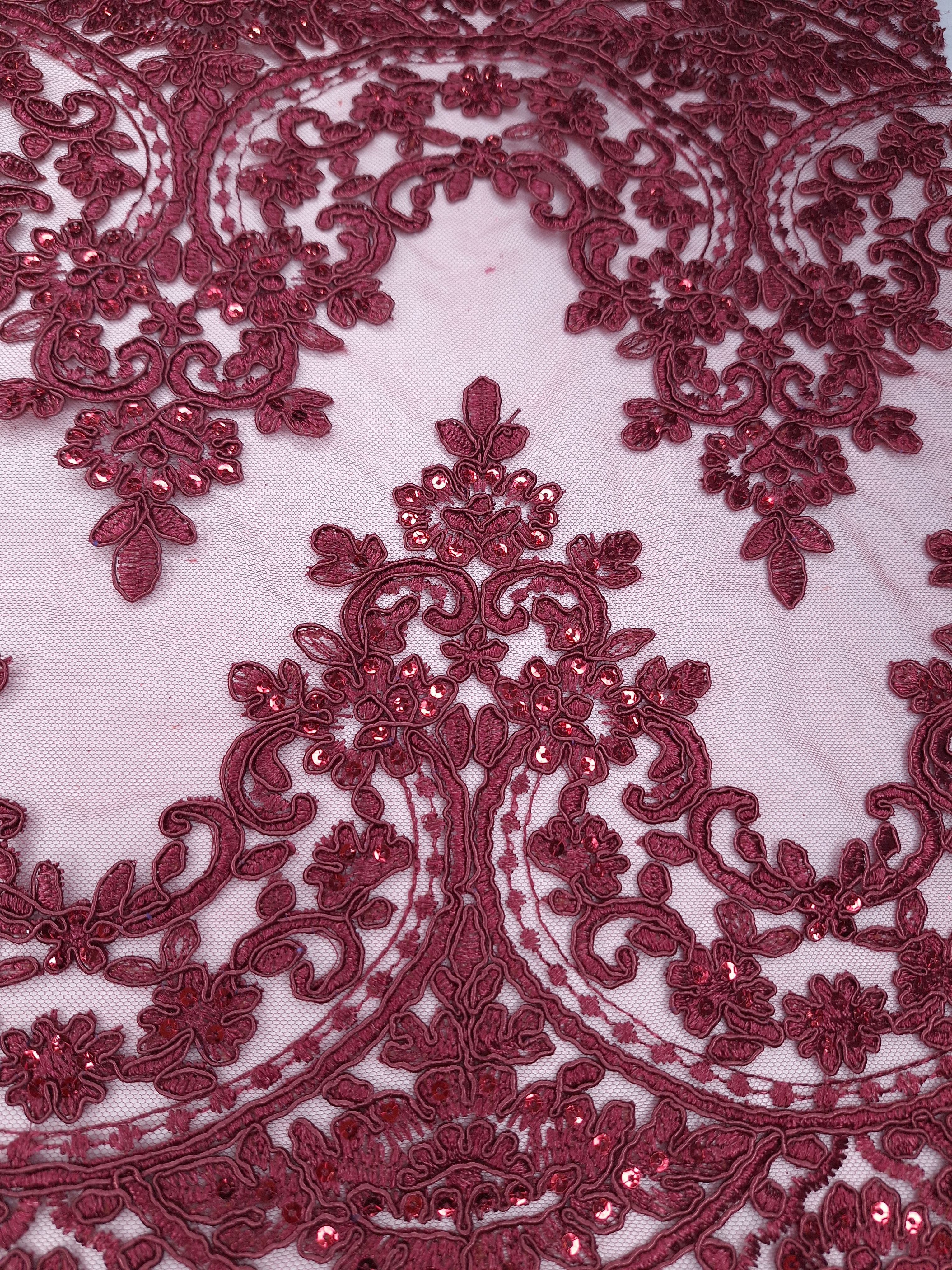 Tul bordado color vino H130, ideal para vestidos de noche de boda y de XV años