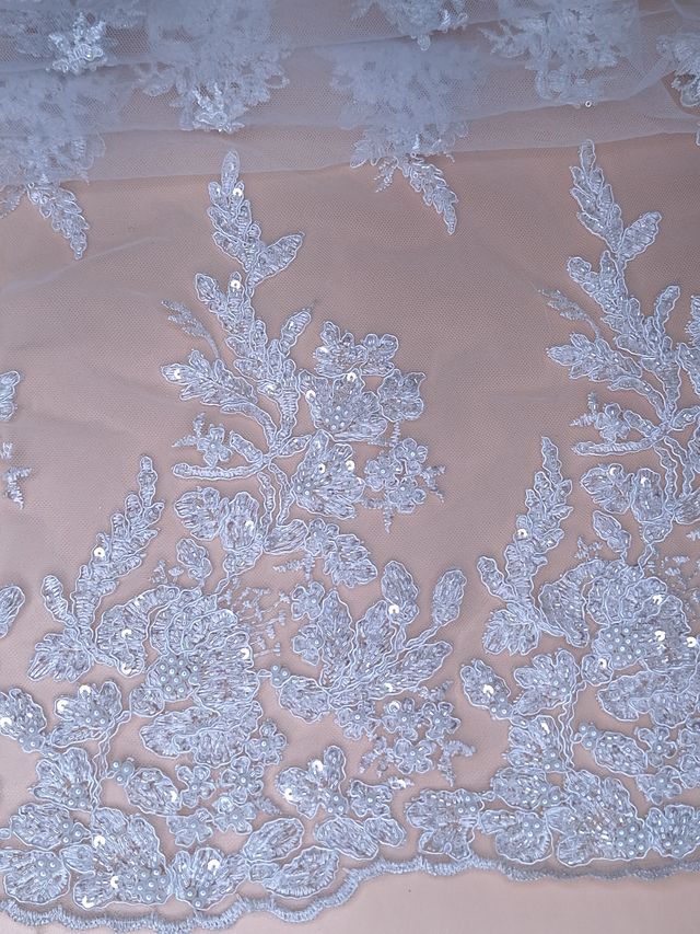 Tul bordado color blanco A982, ideal para vestidos de noche de boda y de XV años