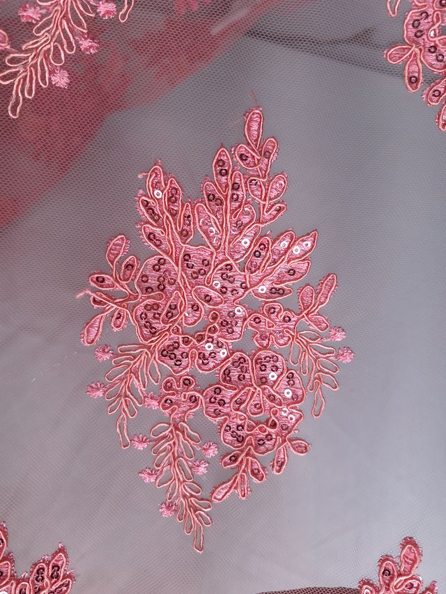 Tul bordado color rosa coral A961, ideal para vestidos de noche de boda y de xv años