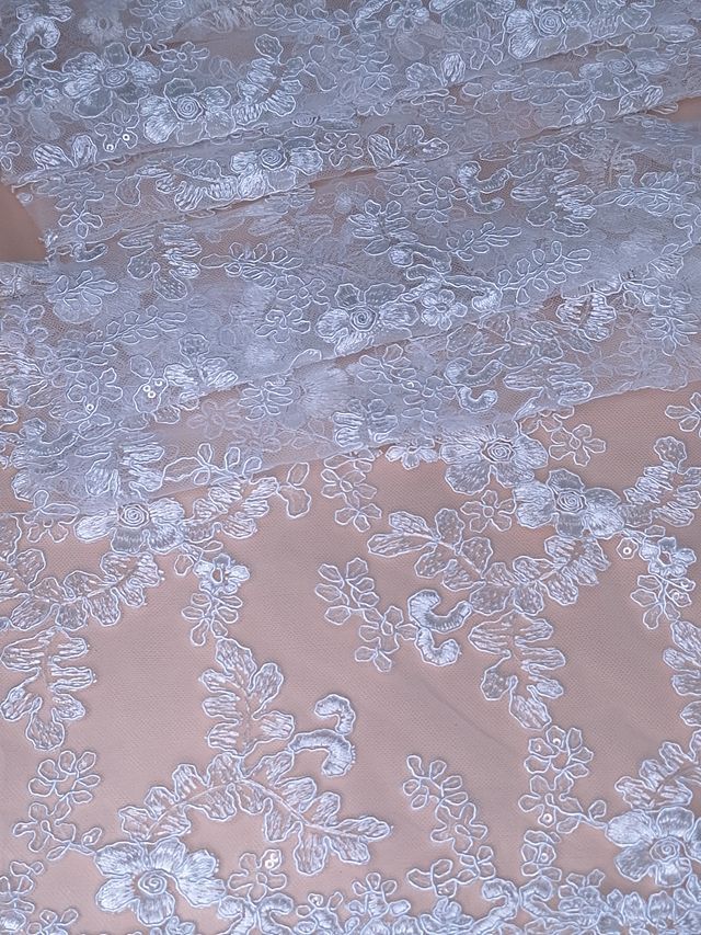 Tul bordado color blanco  H165, ideal para vestidos de noche de boda y de XV años