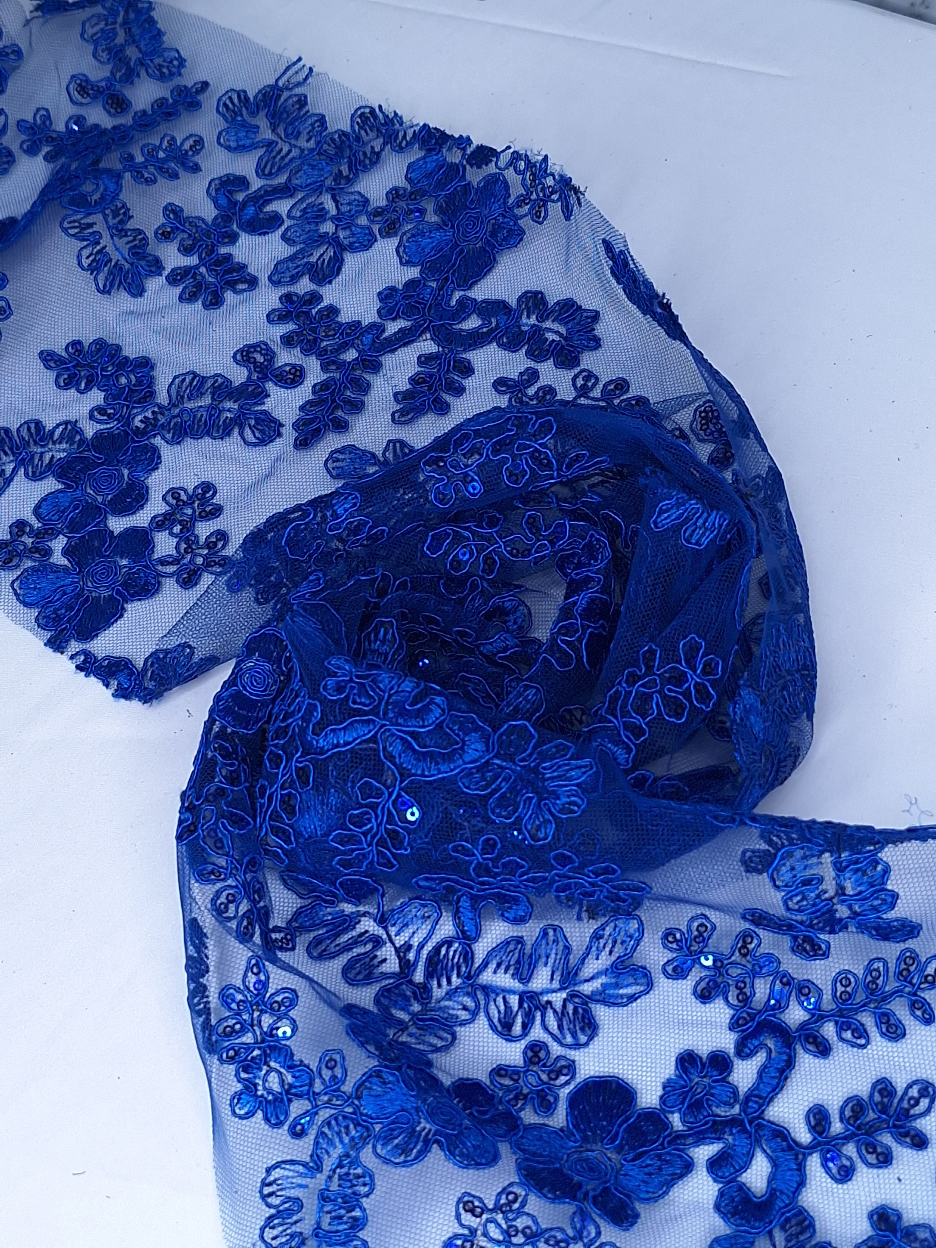 Tul bordado color azul rey H165, ideal para vestidos de noche de boda y de XV años