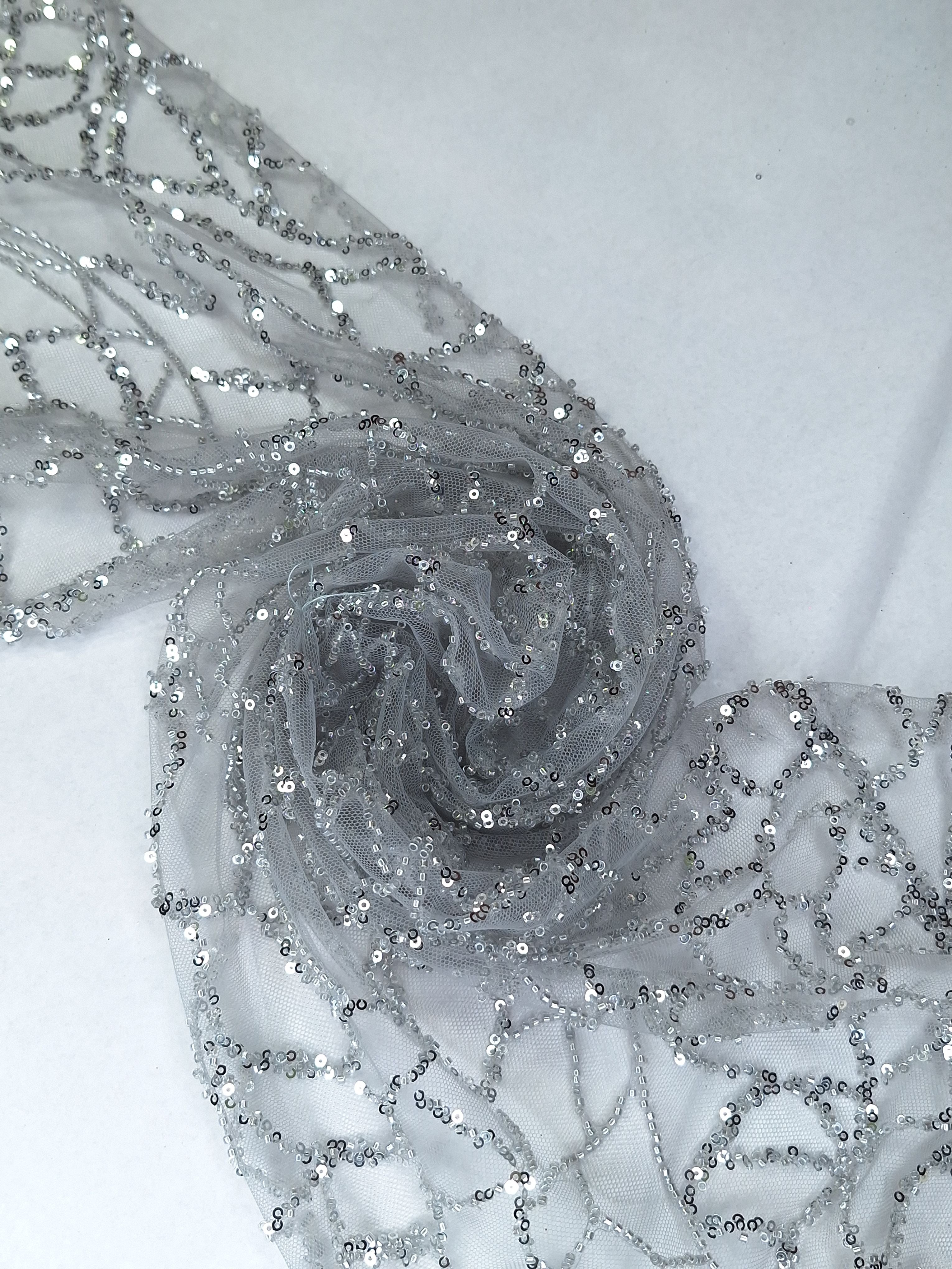 Tul bordado color gris A943, ideal para vestidos de noche de boda y de XV años