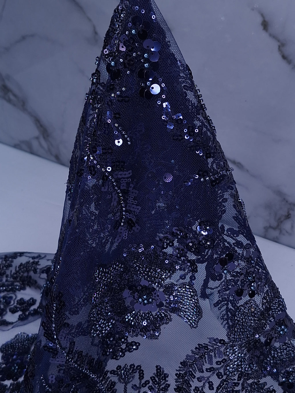 Tul bordado color azul marino A827, ideal para vestidos de noche de boda y de XV años