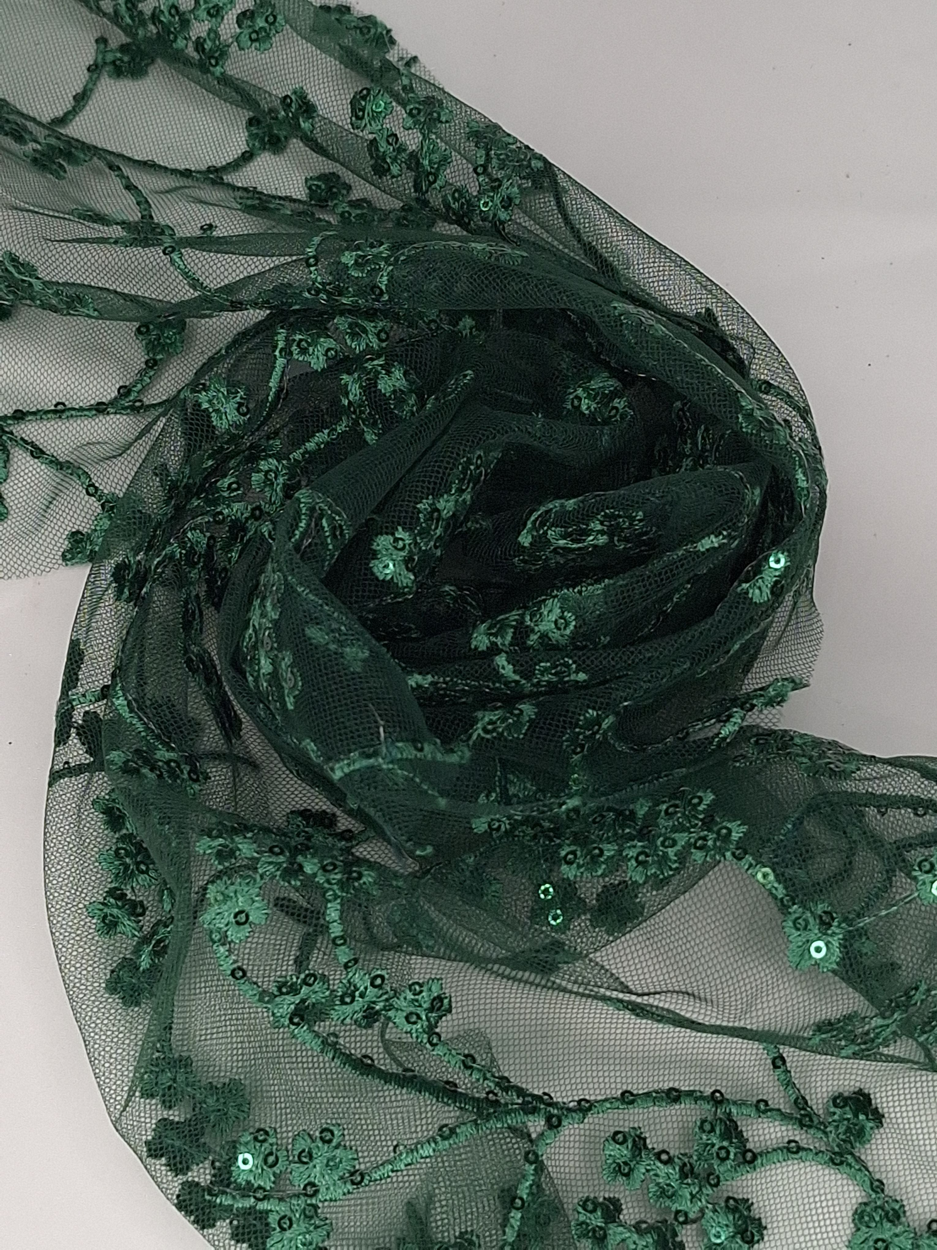 Tul bordado color botella H105, ideal para vestidos de noche de boda y de XV años
