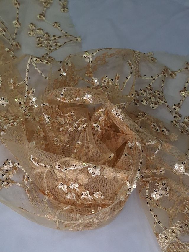 Tul bordado color oro H105, ideal para vestidos de noche de boda y de XV años