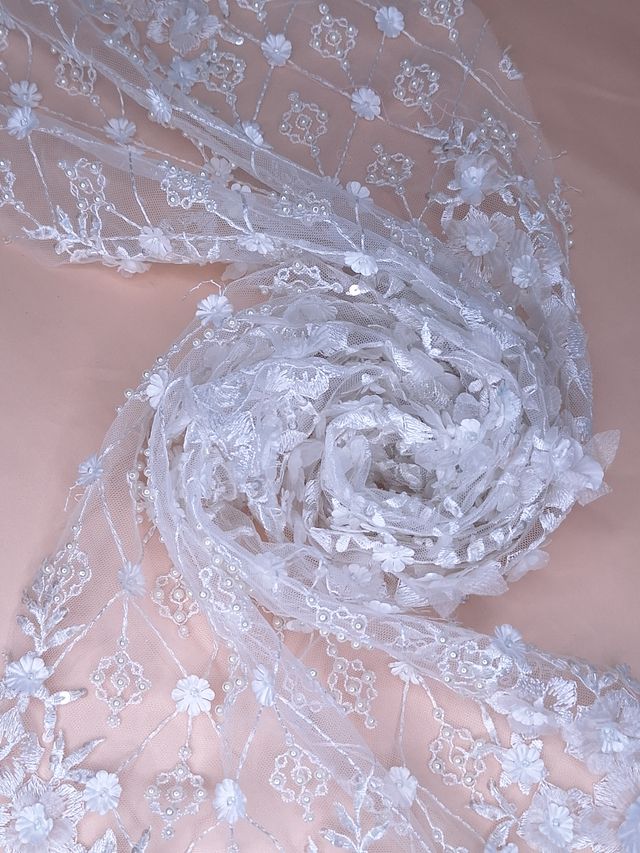 Tul bordado color blanco A862, ideal para vestidos de noche de boda y de XV años