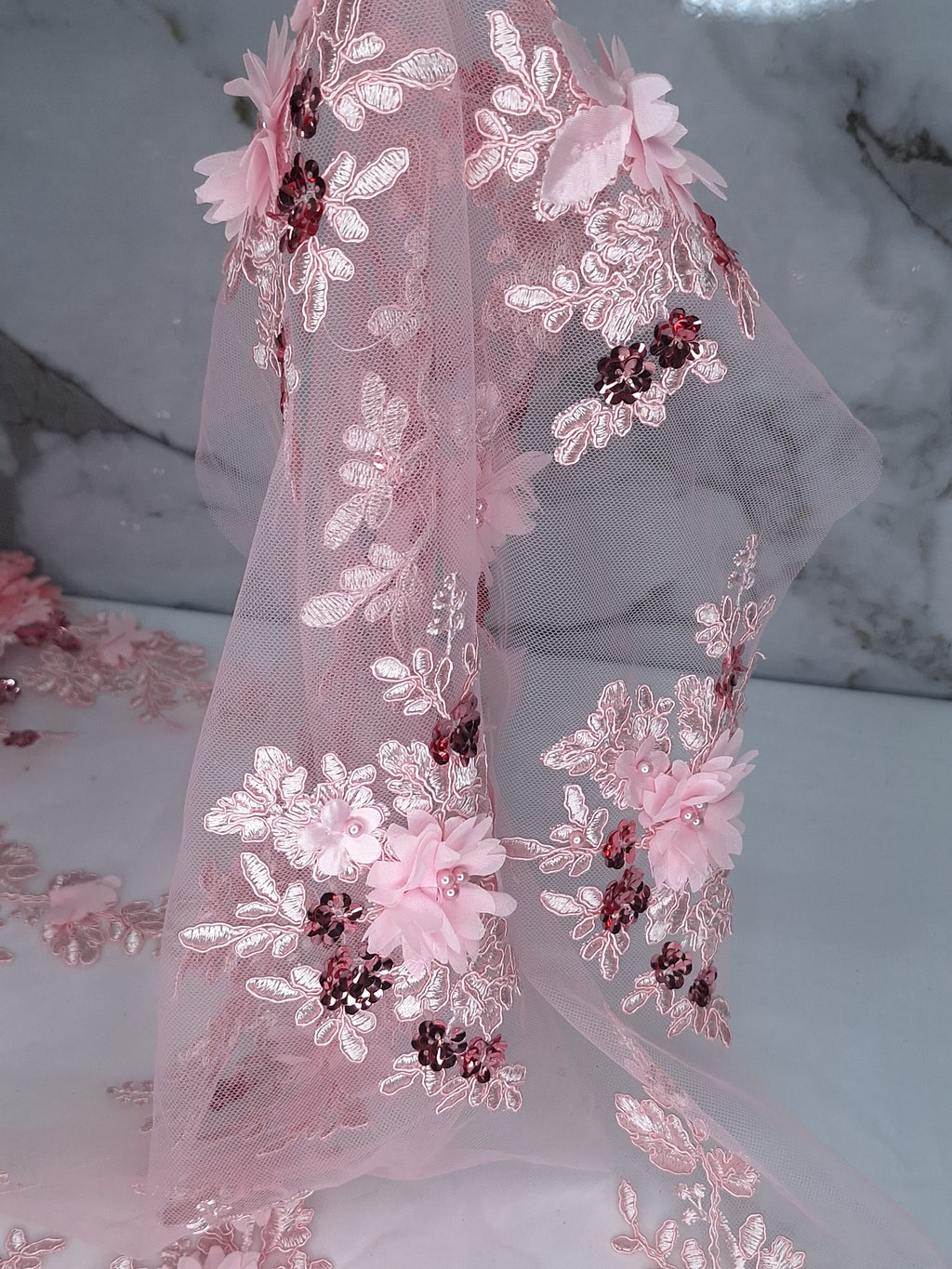 Tul bordado color rosa claro H134 para vestidos de noche de boda y de XV años