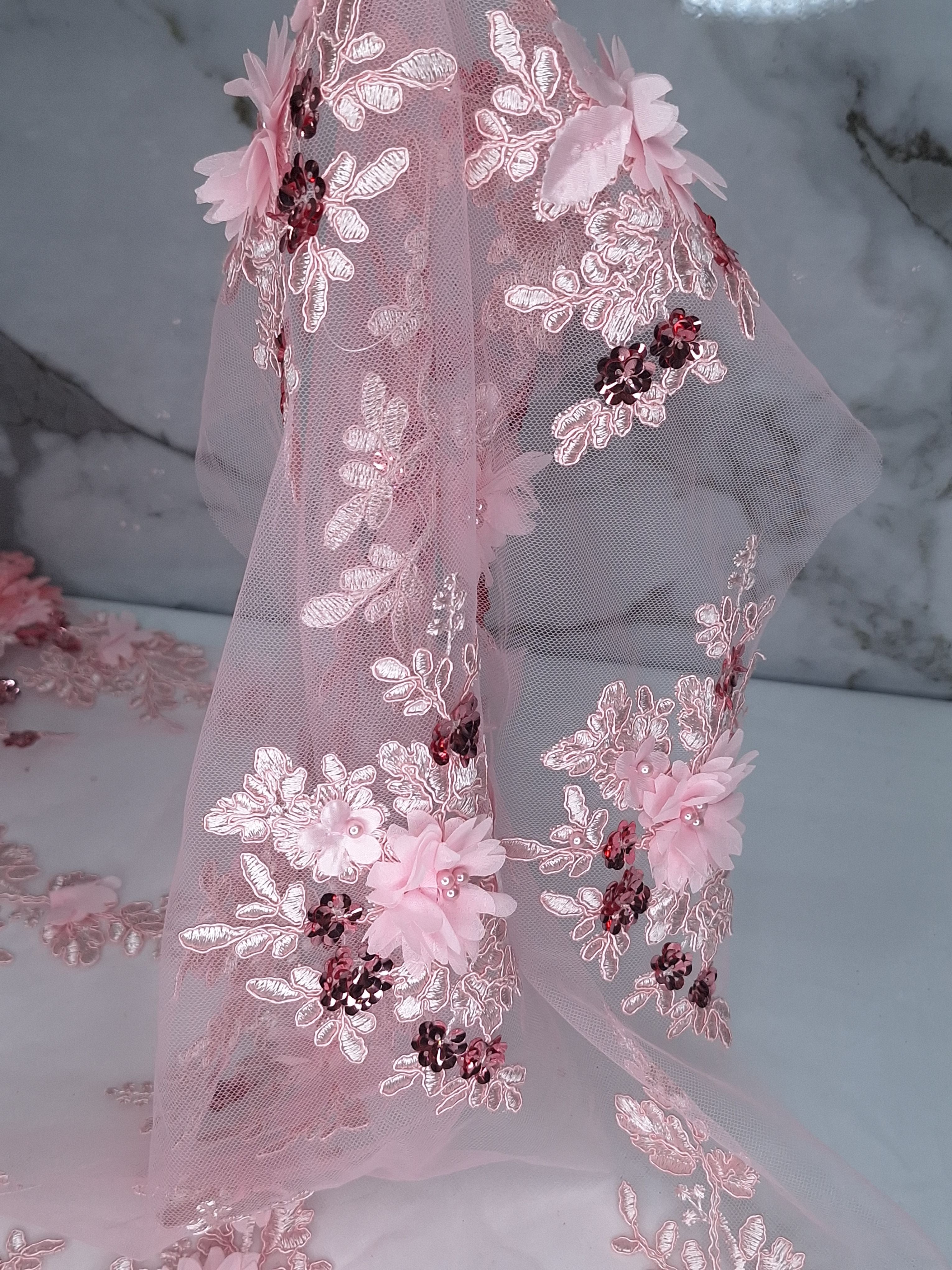 Tul bordado color rosa claro H134 para vestidos de noche de boda y de XV años