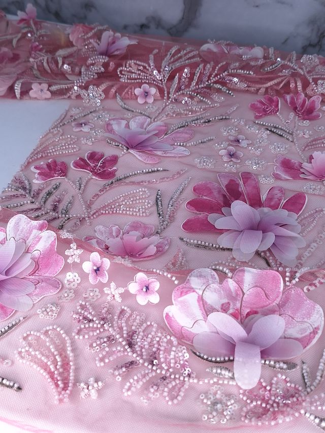 Tul bordado color rosa H150, ideal para vestidos de noche de boda y de xv años