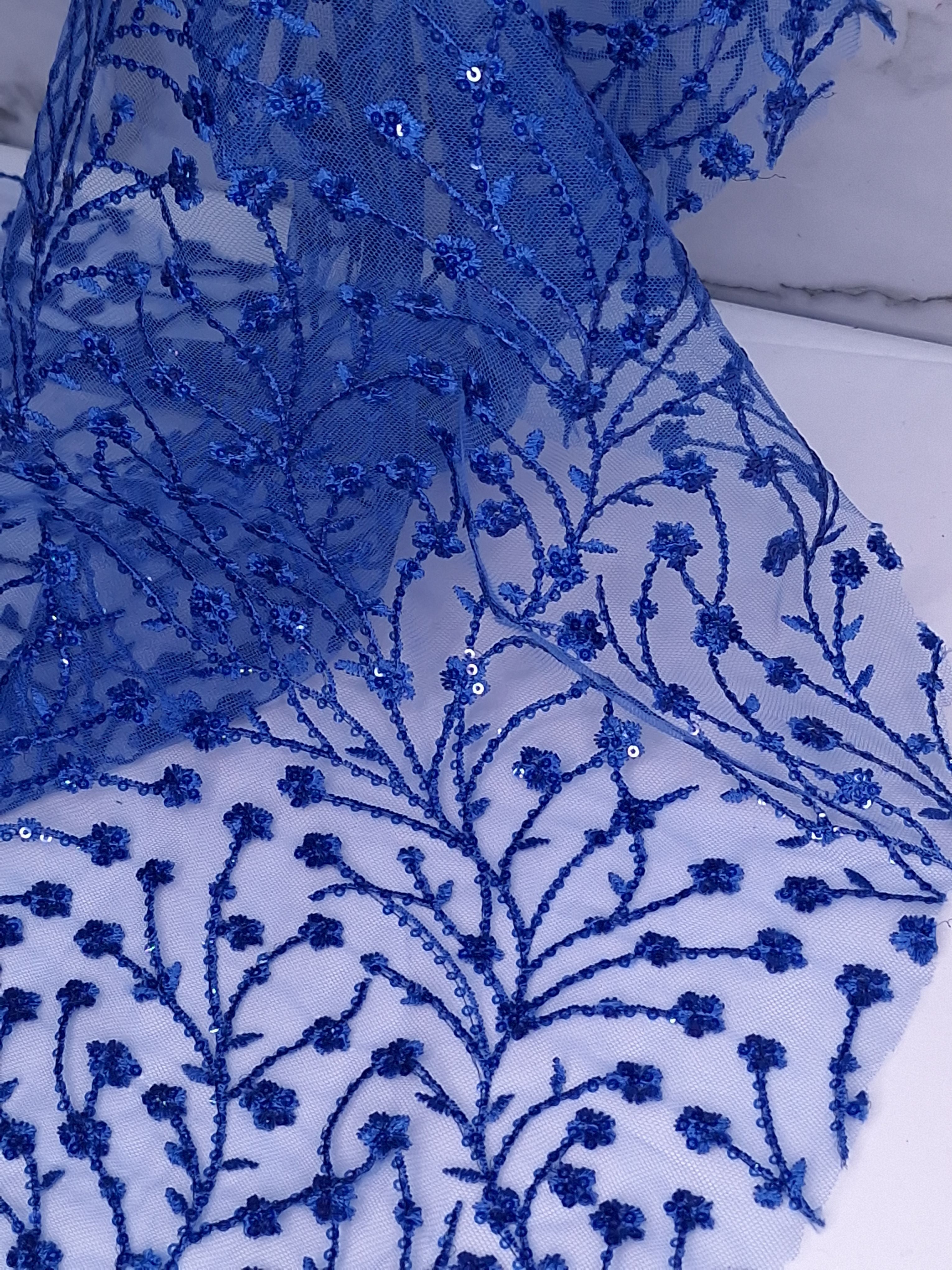 Tul bordado color azul rey H080, ideal para vestidos de noche de boda y de XV años