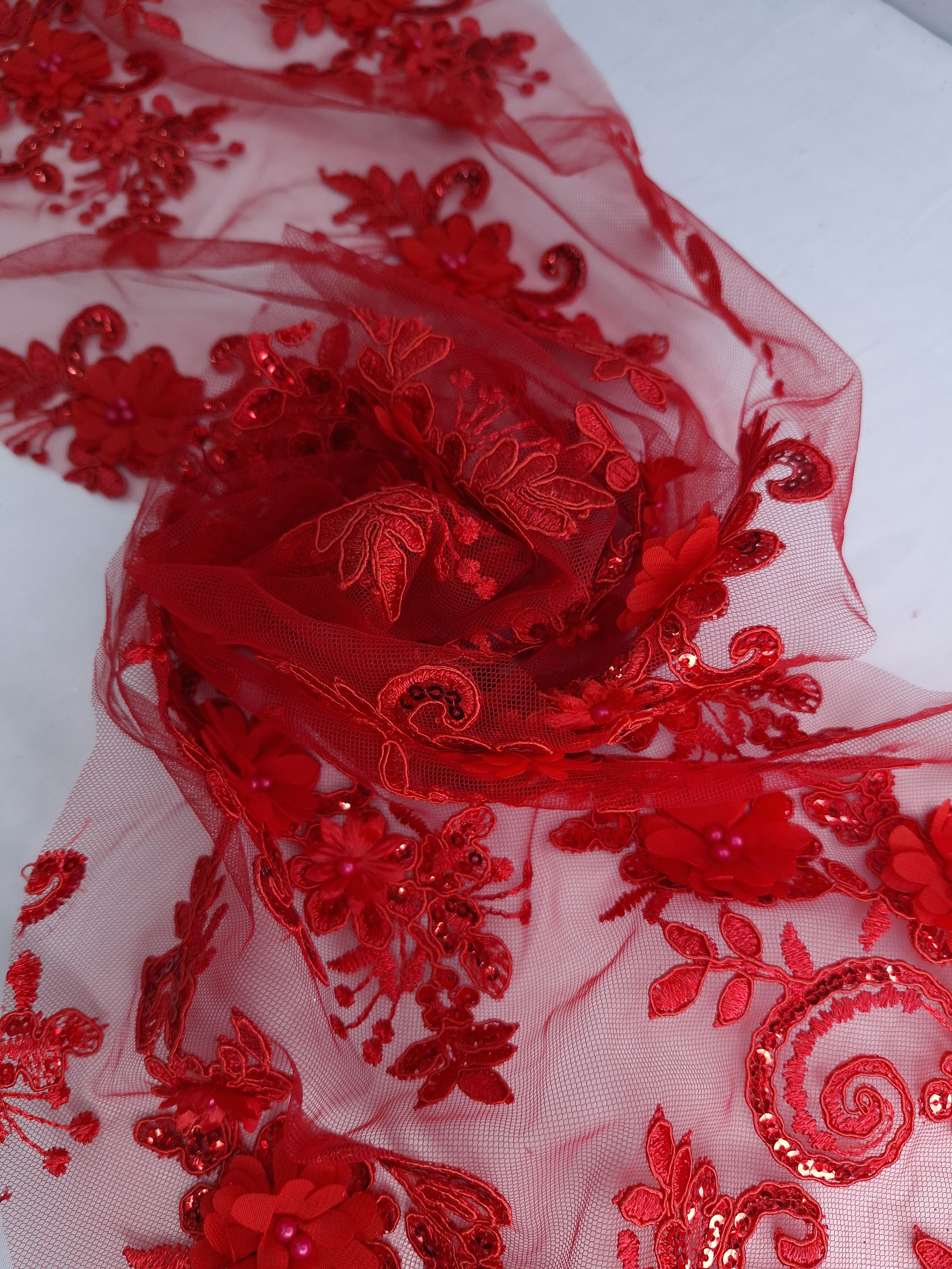 Tul bordado color rojo H164, ideal para vestidos de noche de boda y de XV años