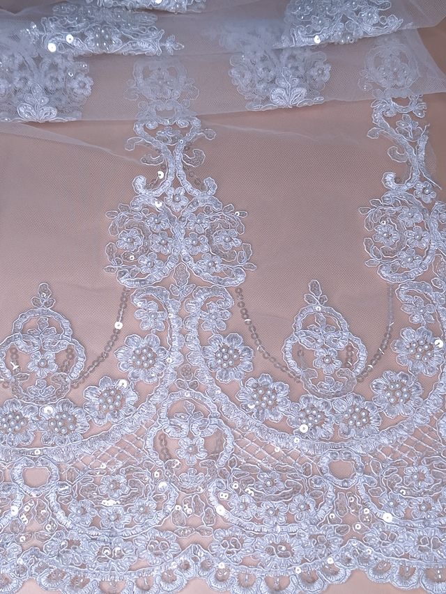 Tul bordado color blanco H018, ideal para vestidos de noche de boda y de XV años