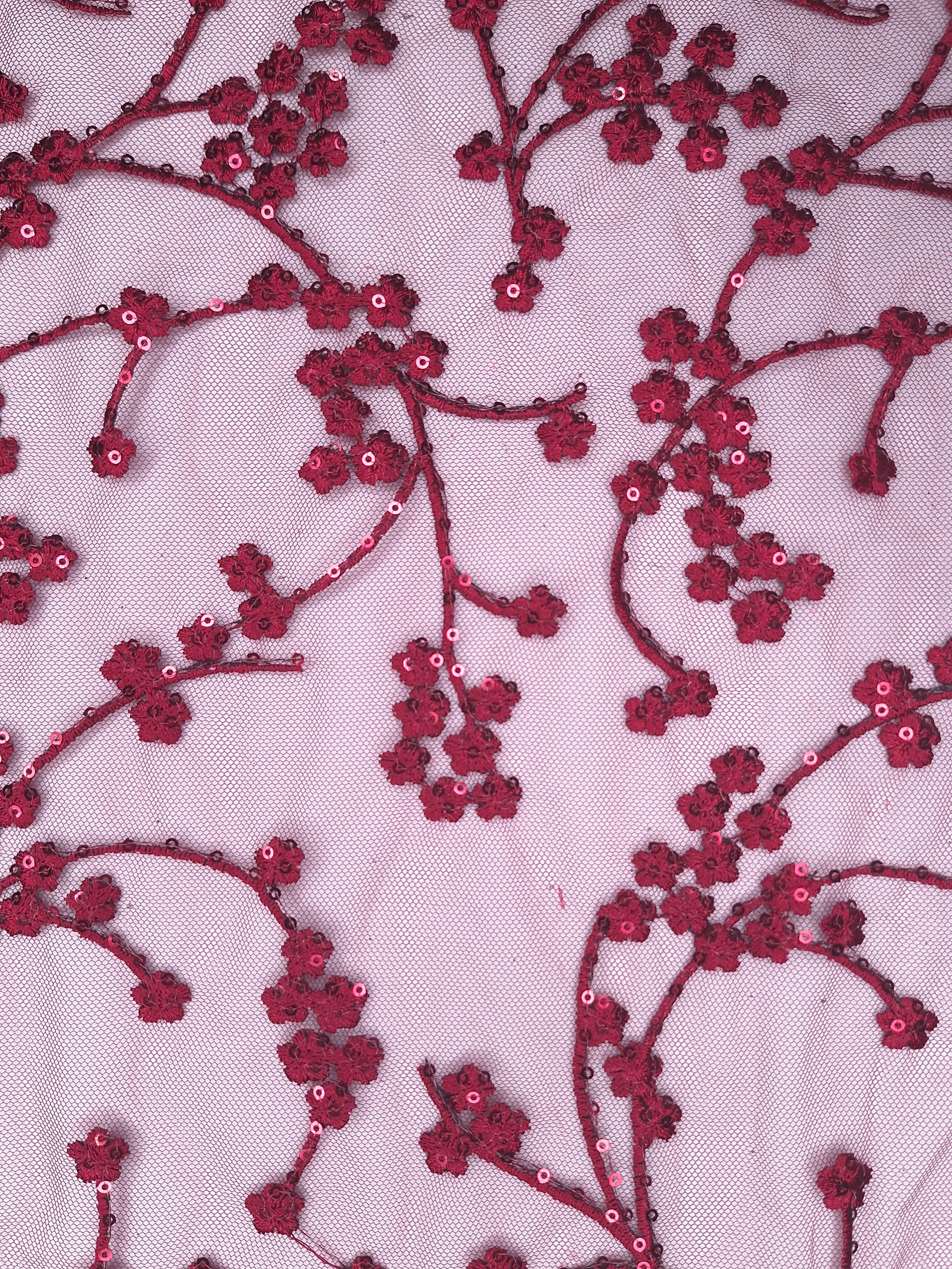 Tul bordado color vino H105, ideal para vestidos de noche de boda y de XV años