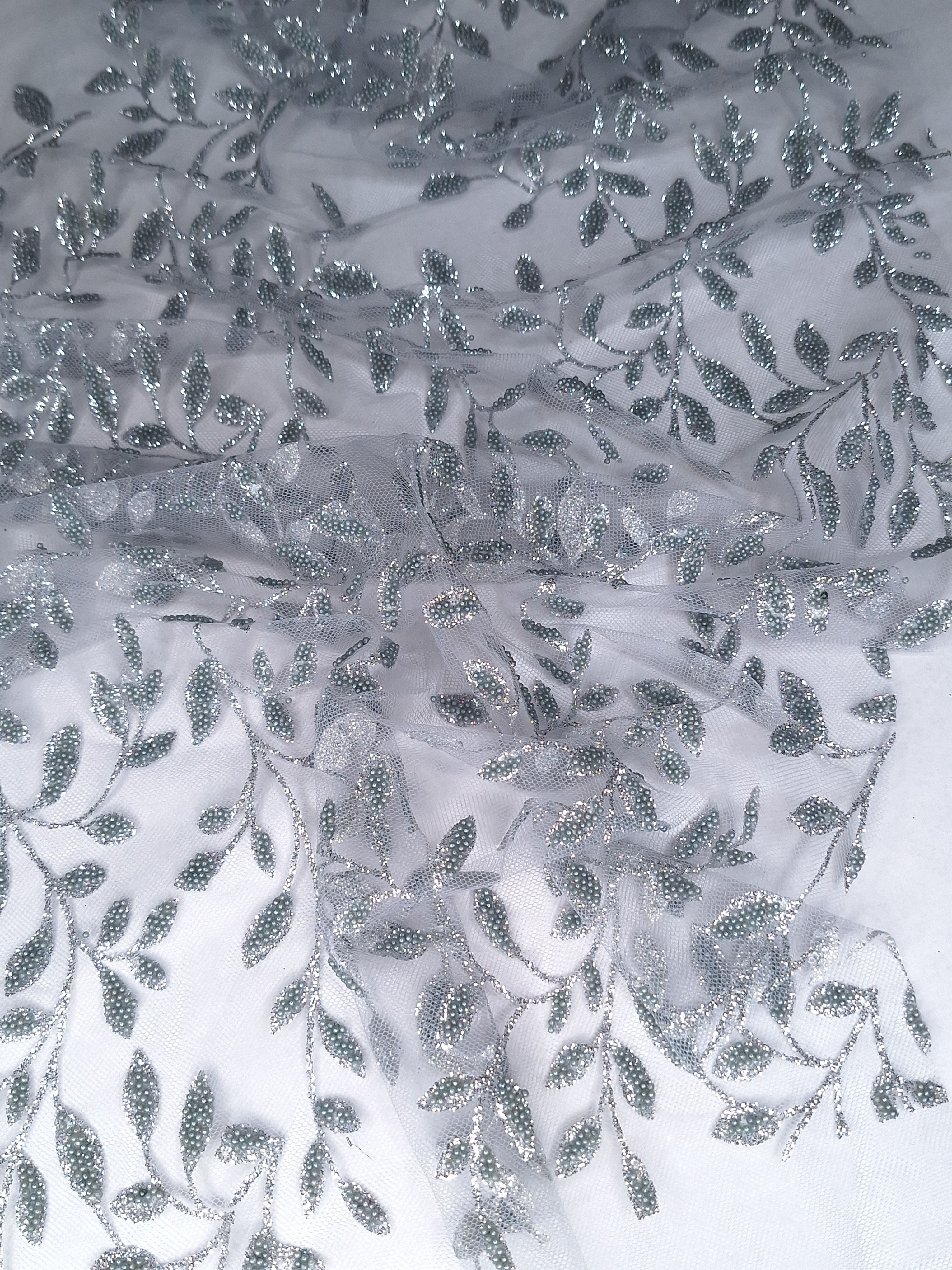Tul bordado color plata H127, ideal para vestidos de noche de boda y de XV años