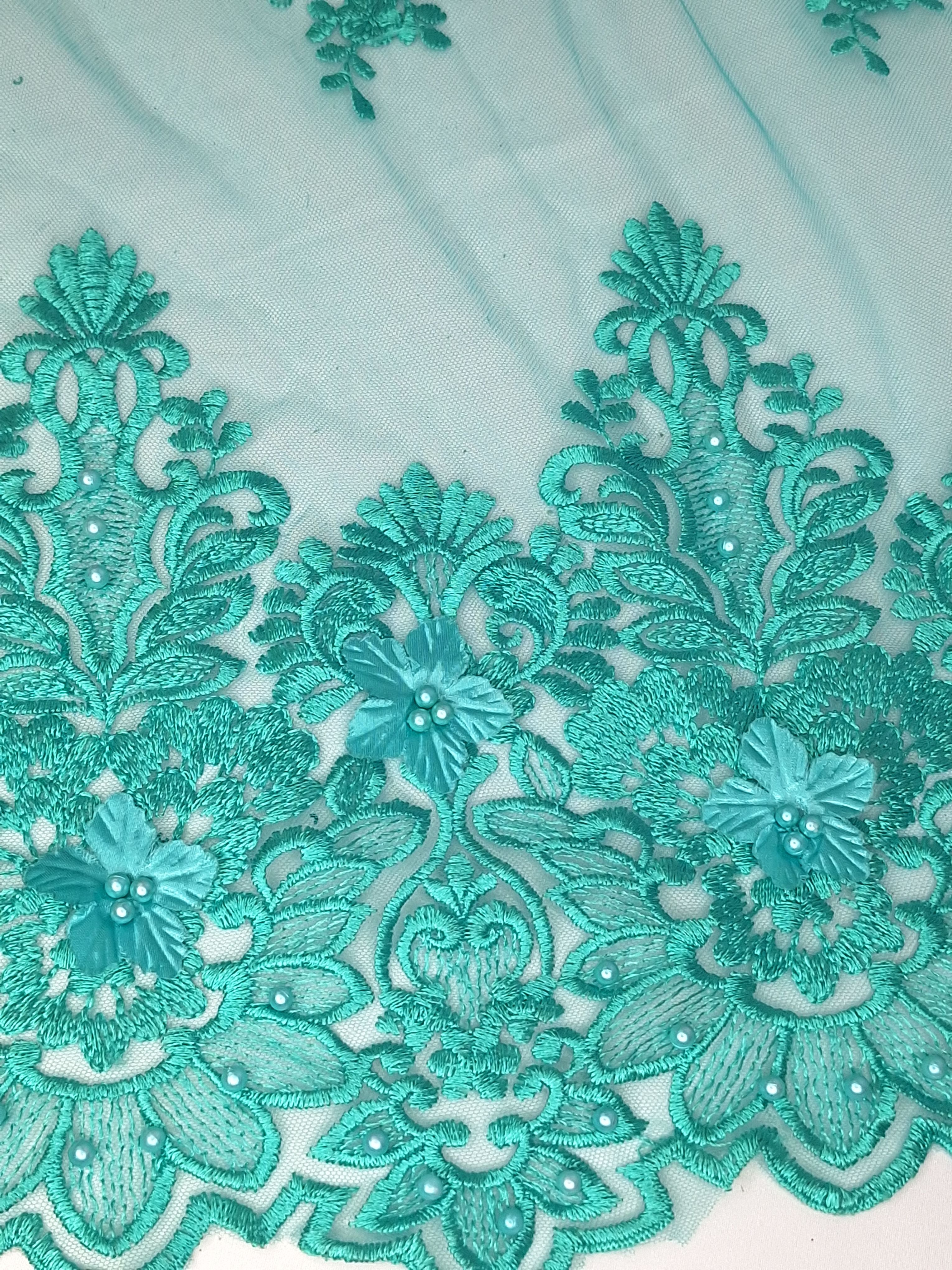 Tul bordado color Aqua A858, ideal para vestidos de noche de boda y de XV años