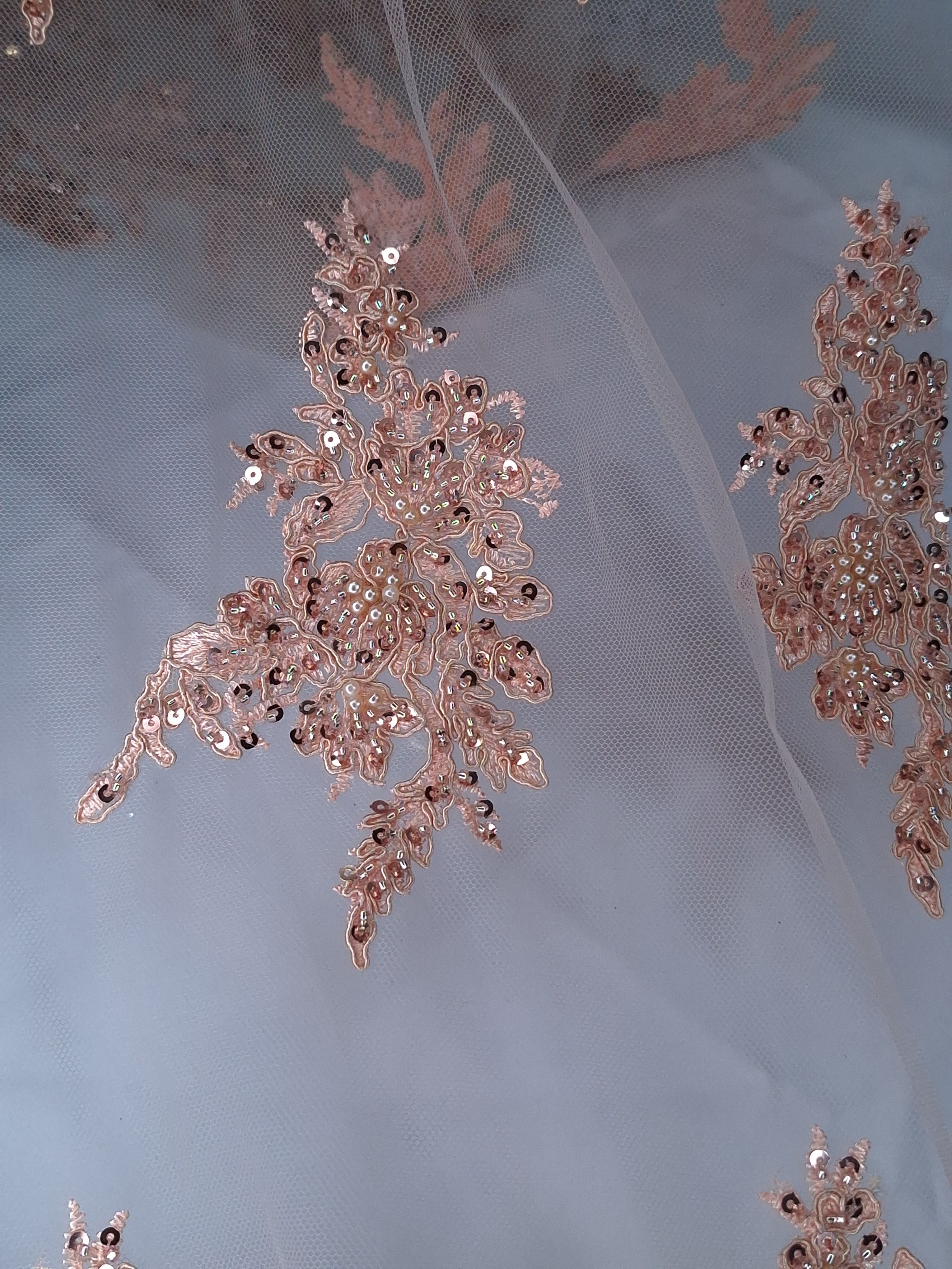 Tul bordado color rosa oro A982, ideal para vestidos de noche de boda y de XV años