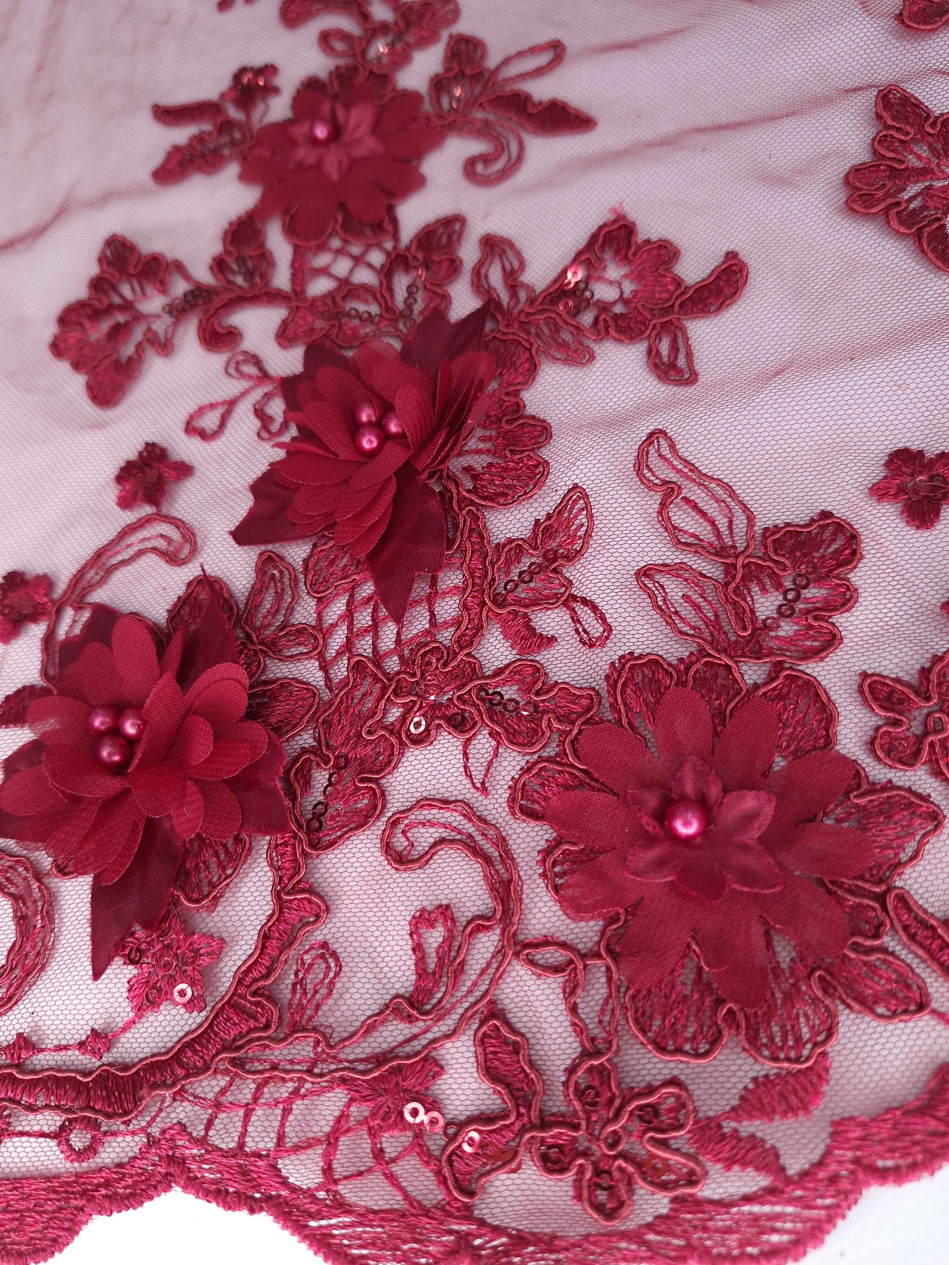 Tul bordado color vino H133, ideal para vestidos de noche de boda y de XV años