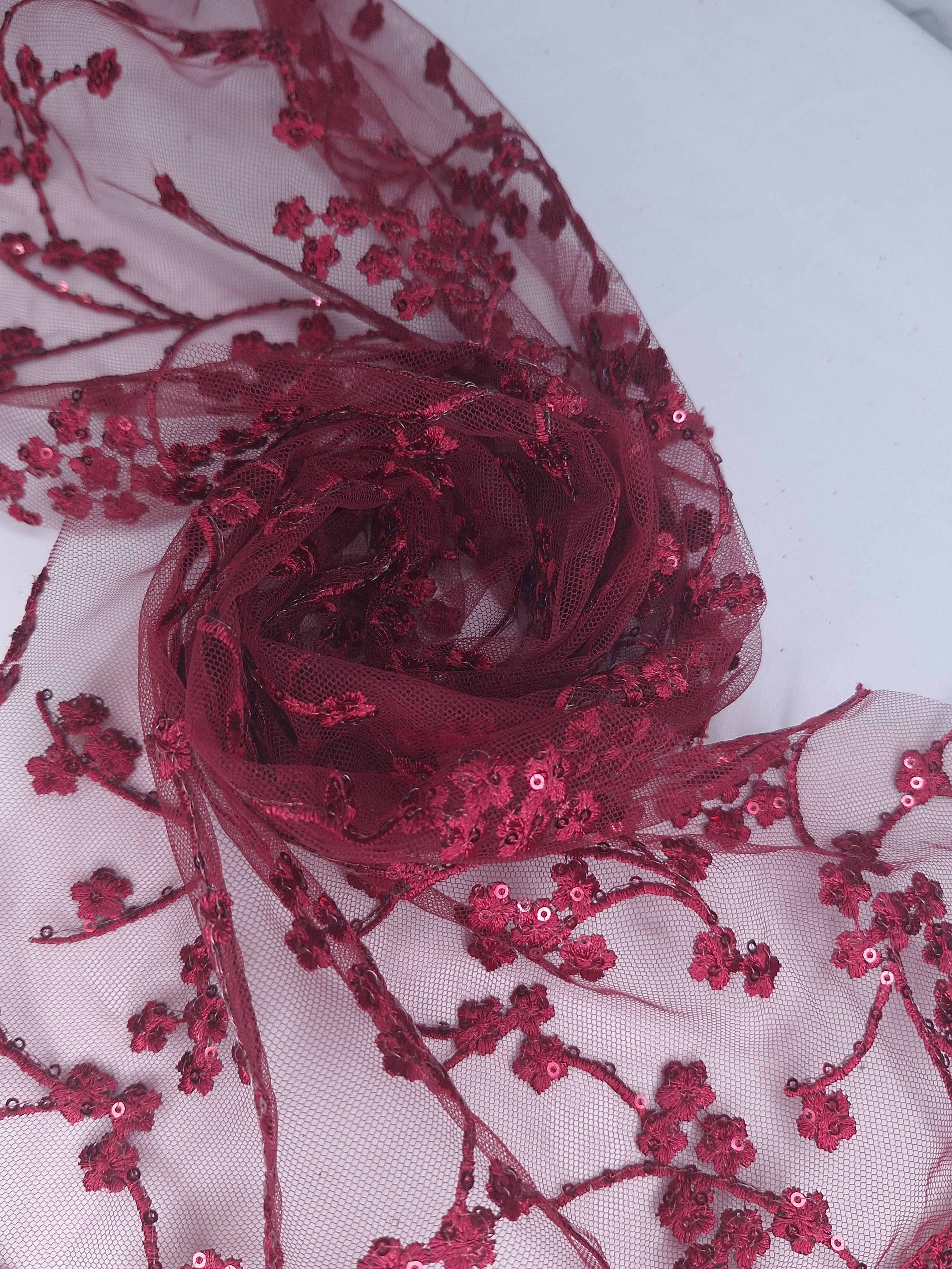 Tul bordado color vino H105, ideal para vestidos de noche de boda y de XV años