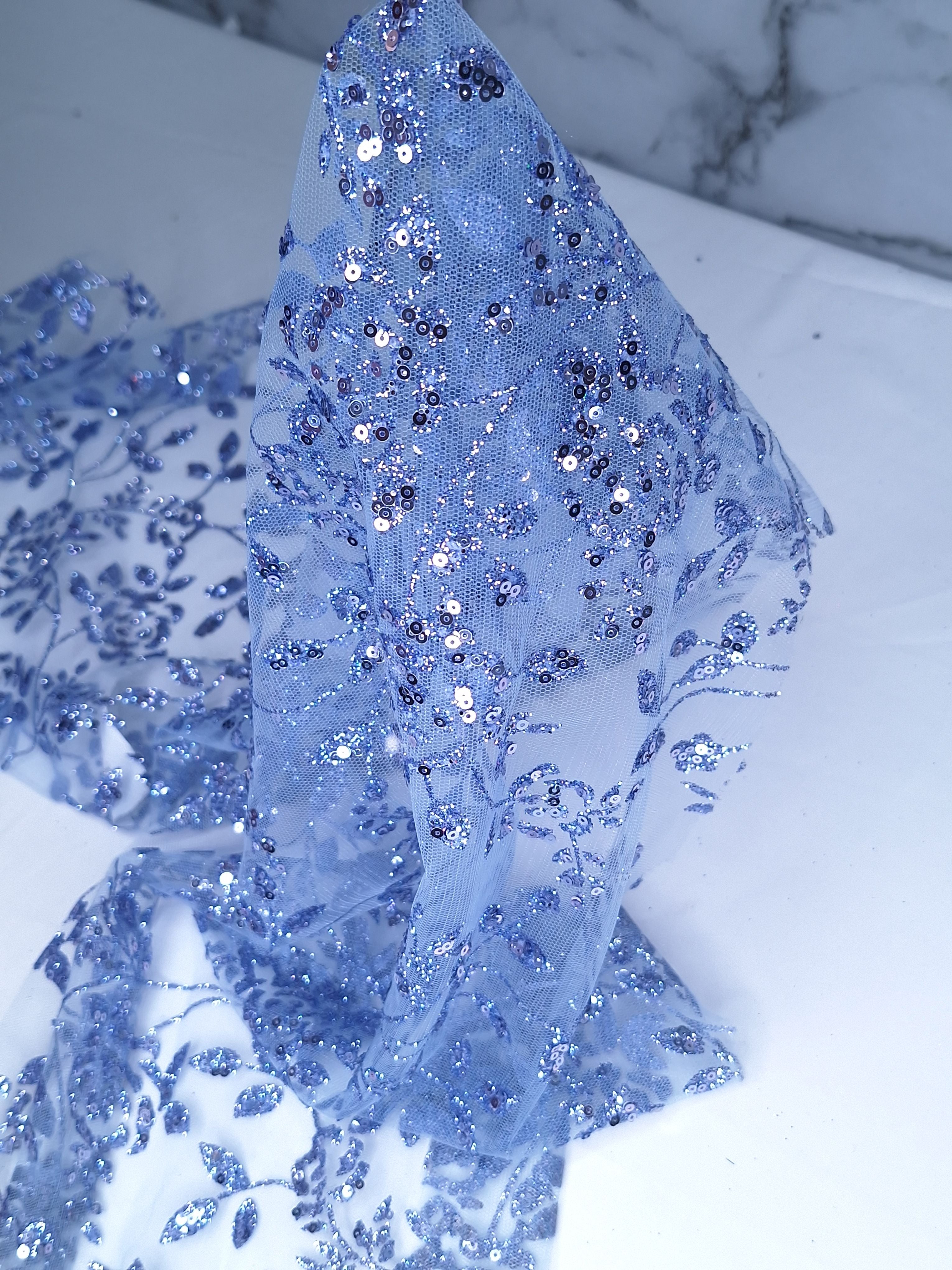 Tul bordado color azul plumbago H037, ideal para vestidos de noche de boda y de xv años