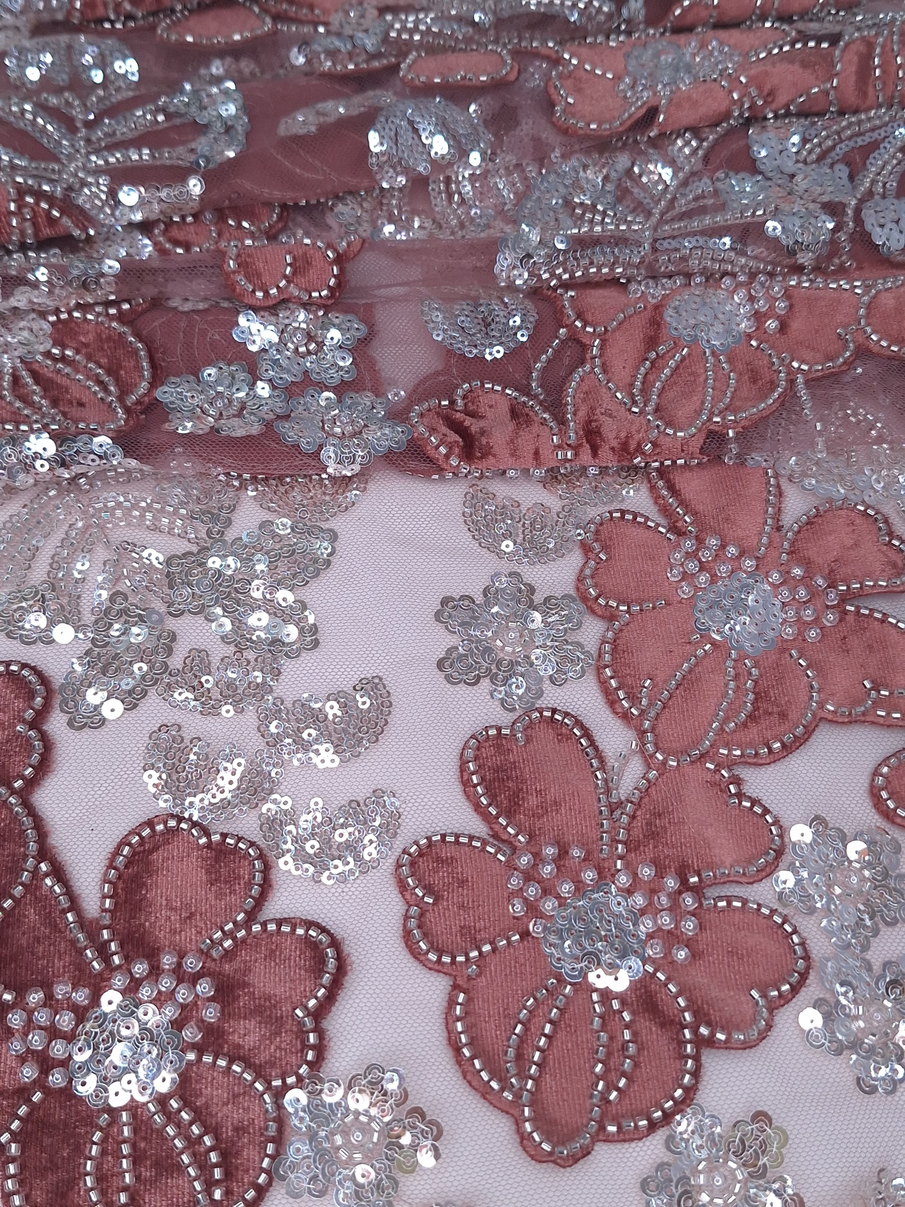 Tul bordado color ladrillo H234, ideal para vestidos de noche de boda y de XV años