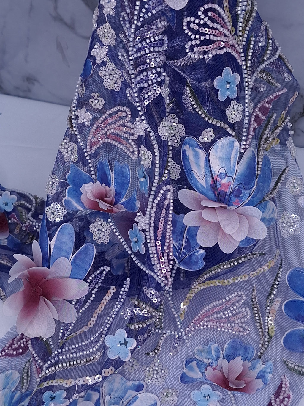 Tul bordado color azul rey H150, ideal para vestidos de noche de boda y de XV años