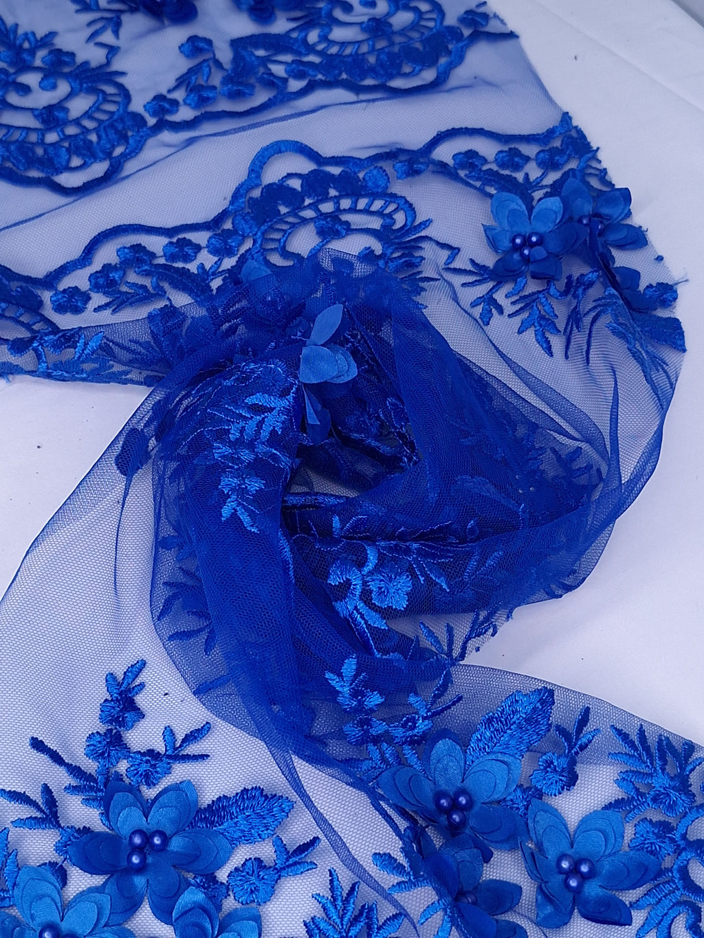 Tul bordado color azul rey H139, ideal para vestidos de noche de boda y de ceremonia