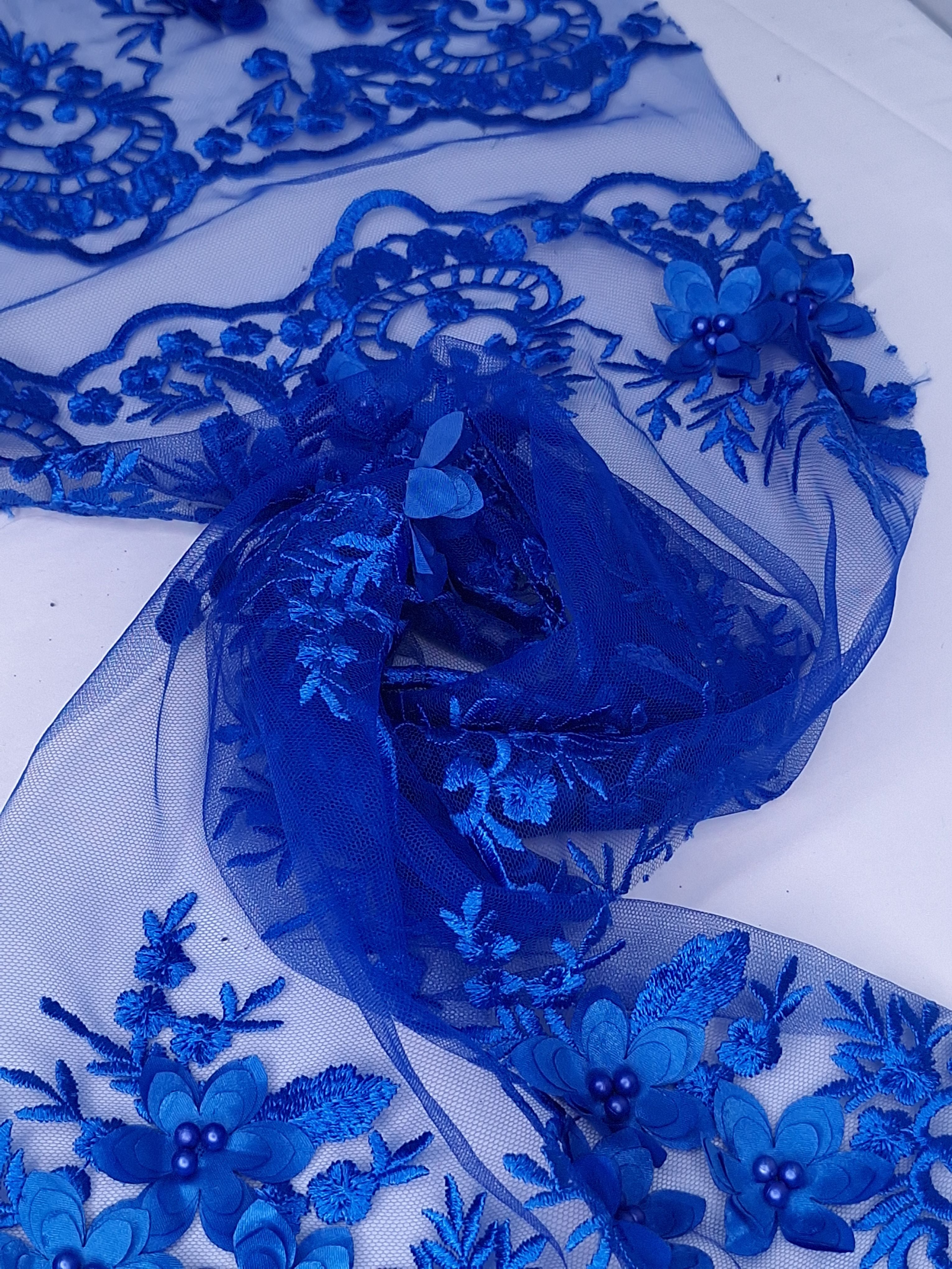 Tul bordado color azul rey H139, ideal para vestidos de noche de boda y de ceremonia
