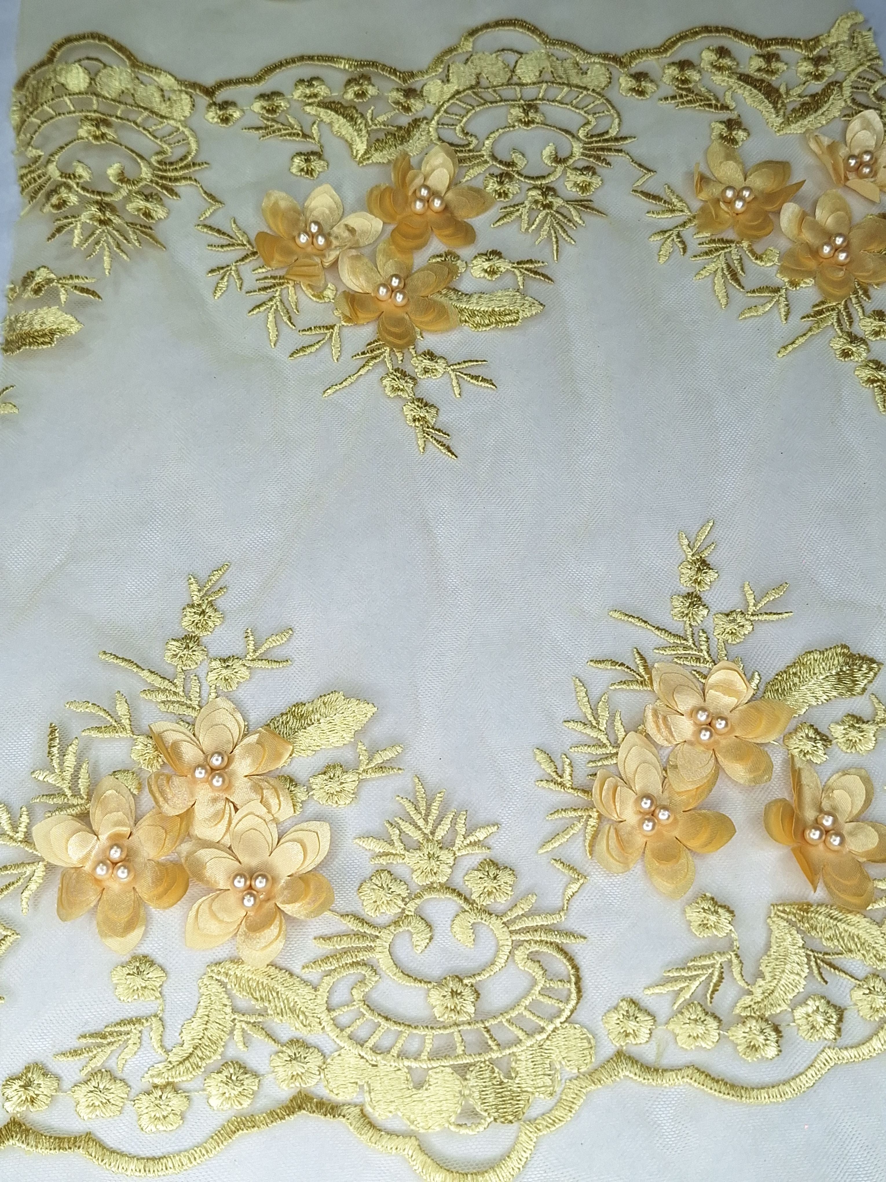 Tul bordado color amarillo H139, ideal para vestidos de noche de boda y de XV años