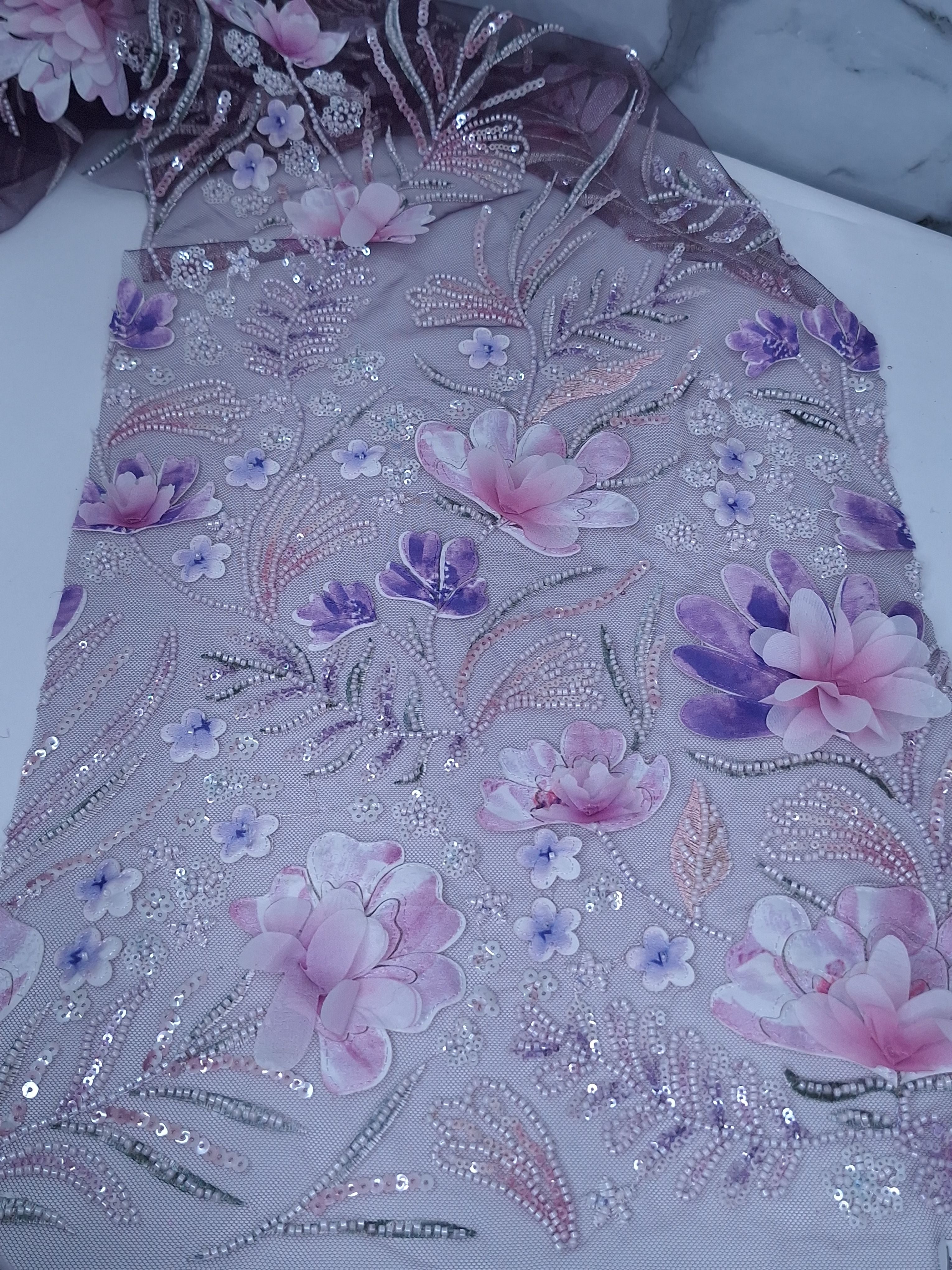 Tul bordado color lila morado H150 ideal para vestidos de noche de boda y de XV años