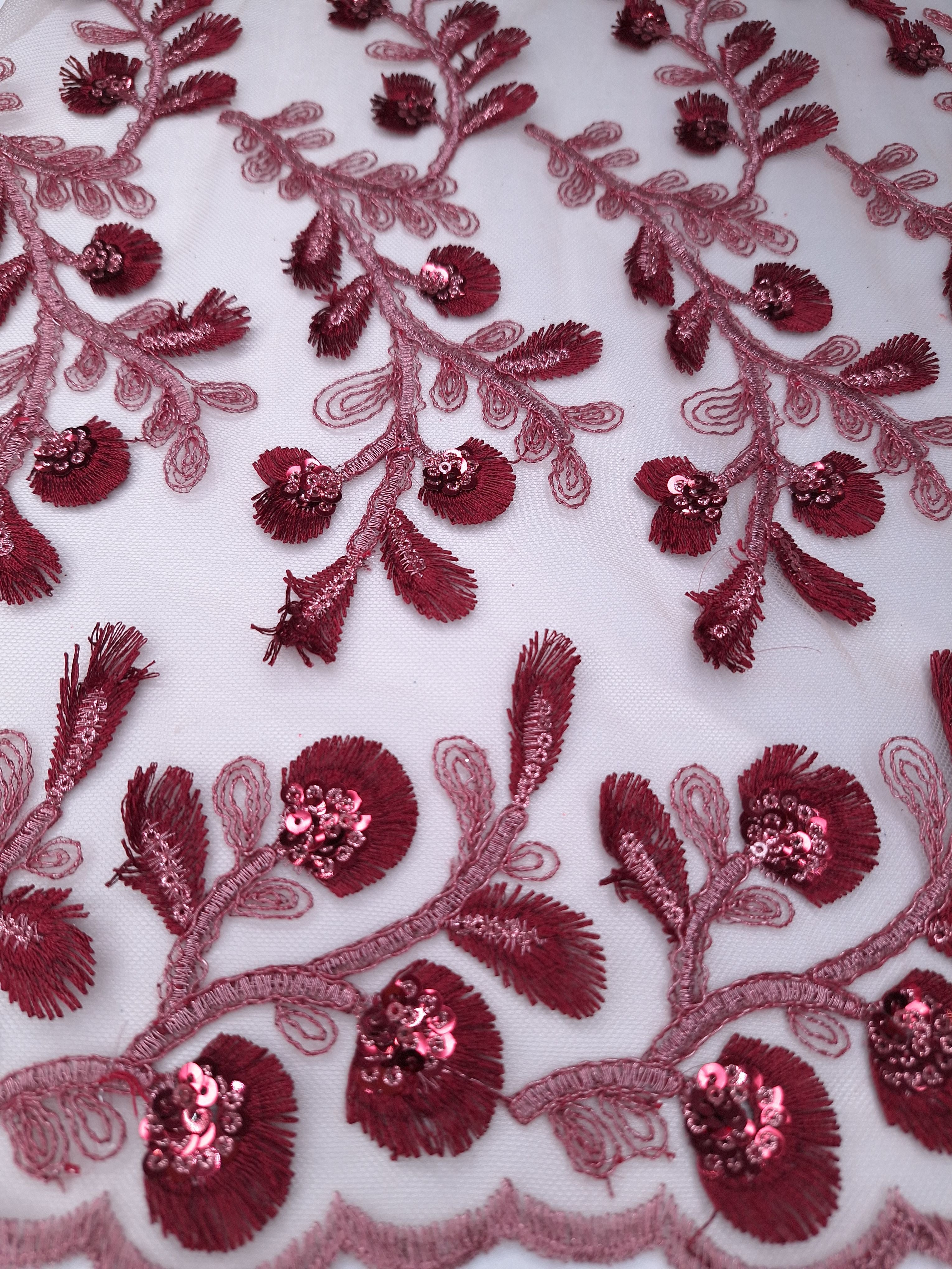 Tul bordado color vino A630, ideal para vestidos de noche de boda y de XV años