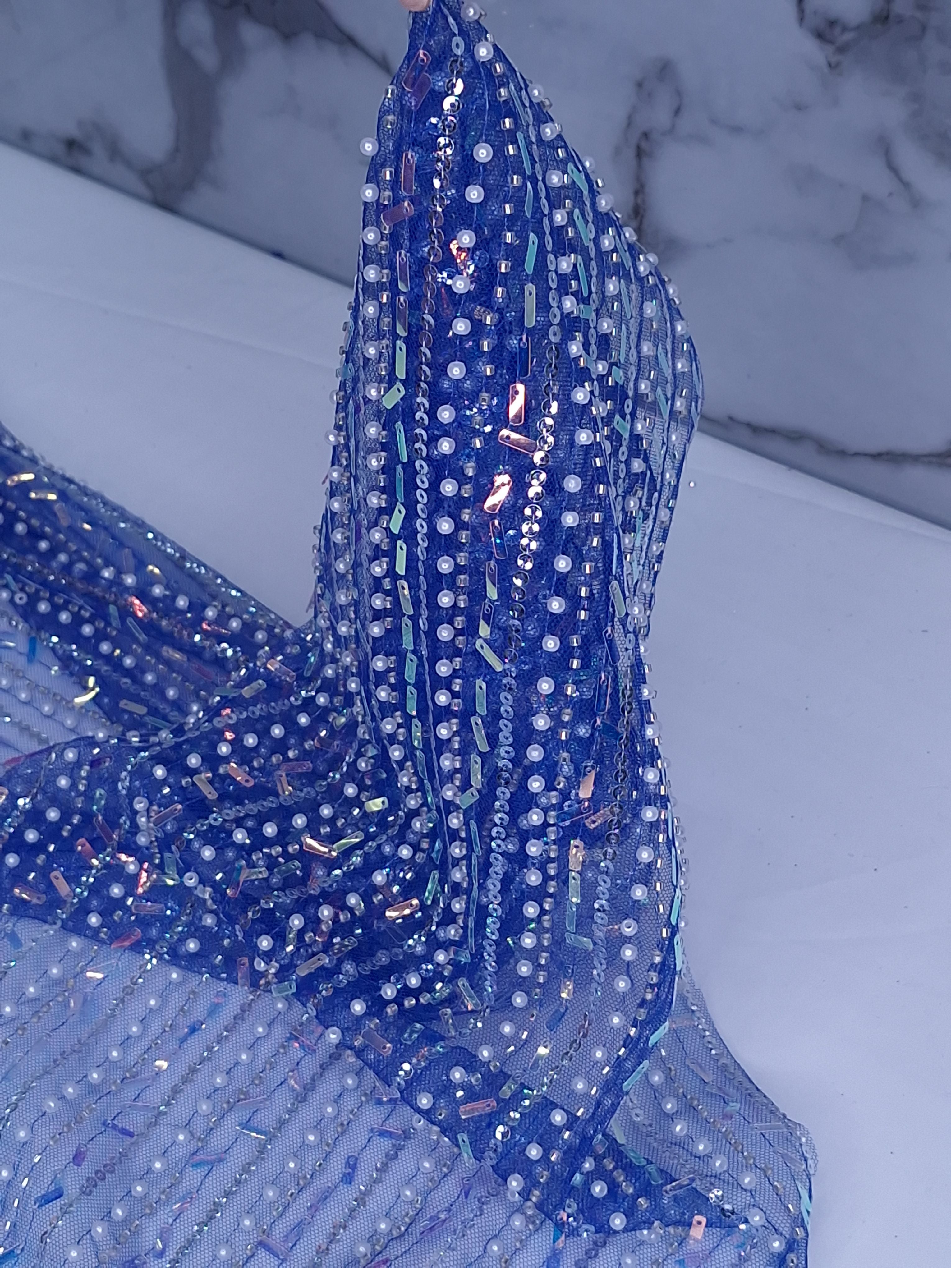 Tul bordado color azul rey H122, ideal para vestidos de noche de boda y de XV años