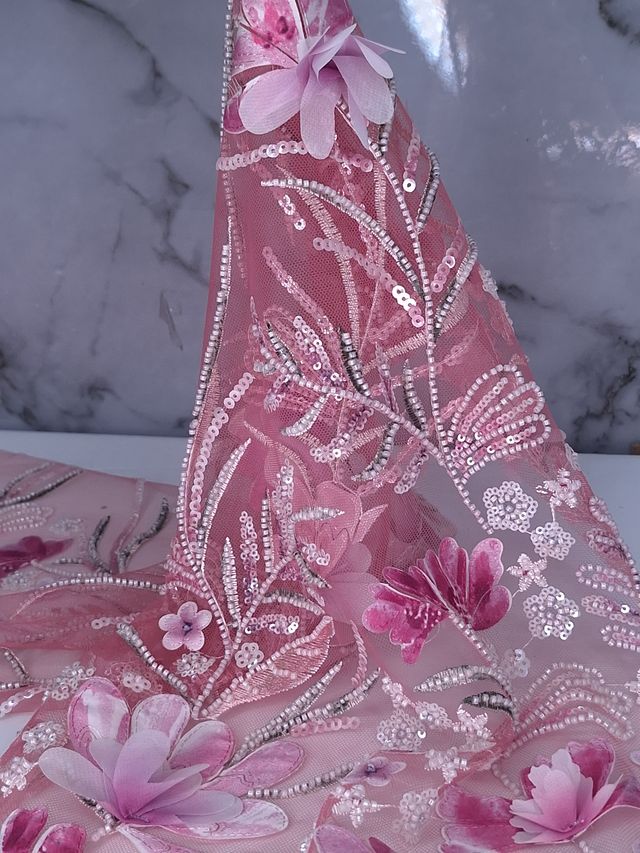 Tul bordado color rosa H150, ideal para vestidos de noche de boda y de xv años