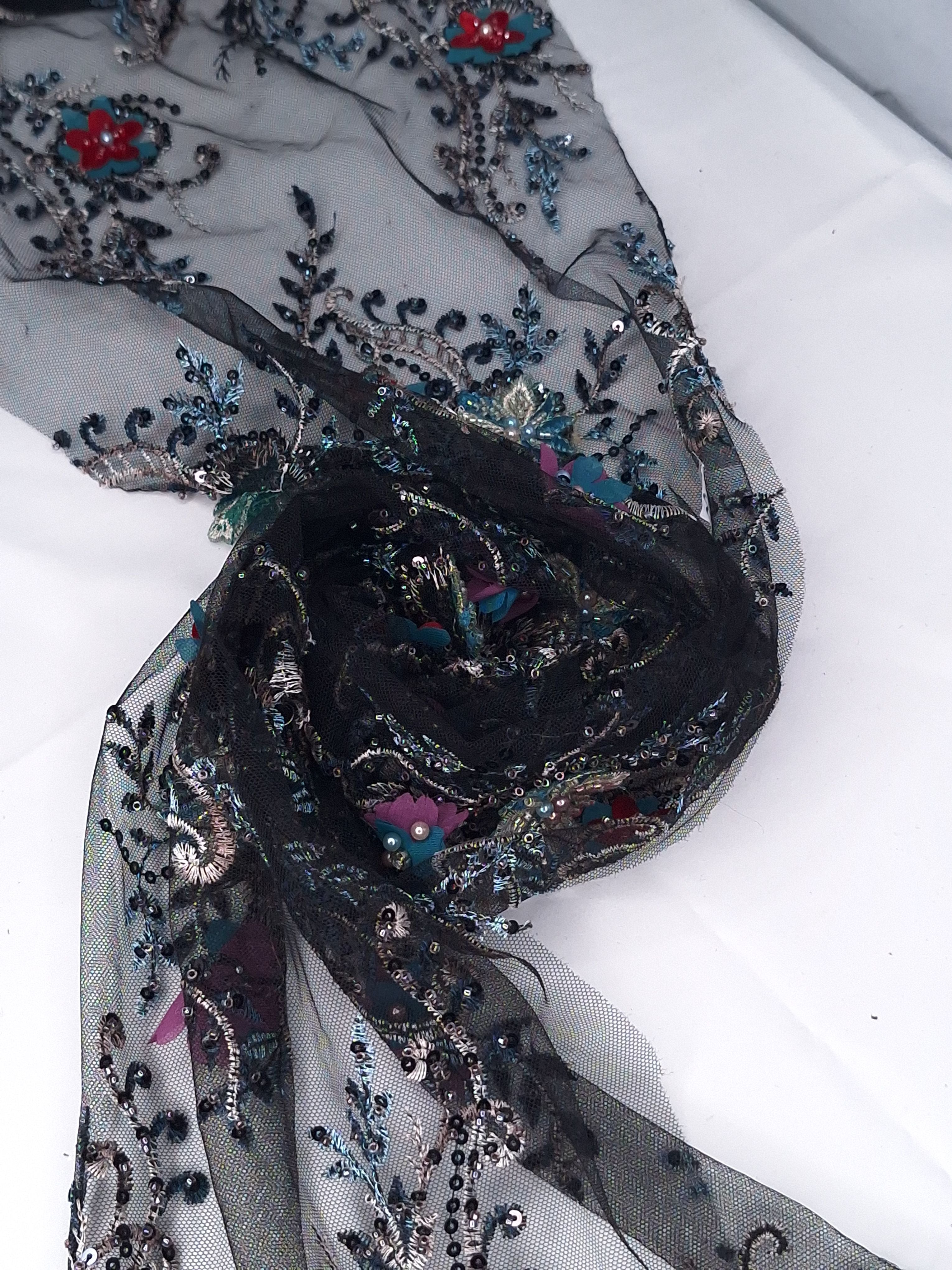 Tul bordado color negro A974, ideal para vestidos de noche de boda y de XV años