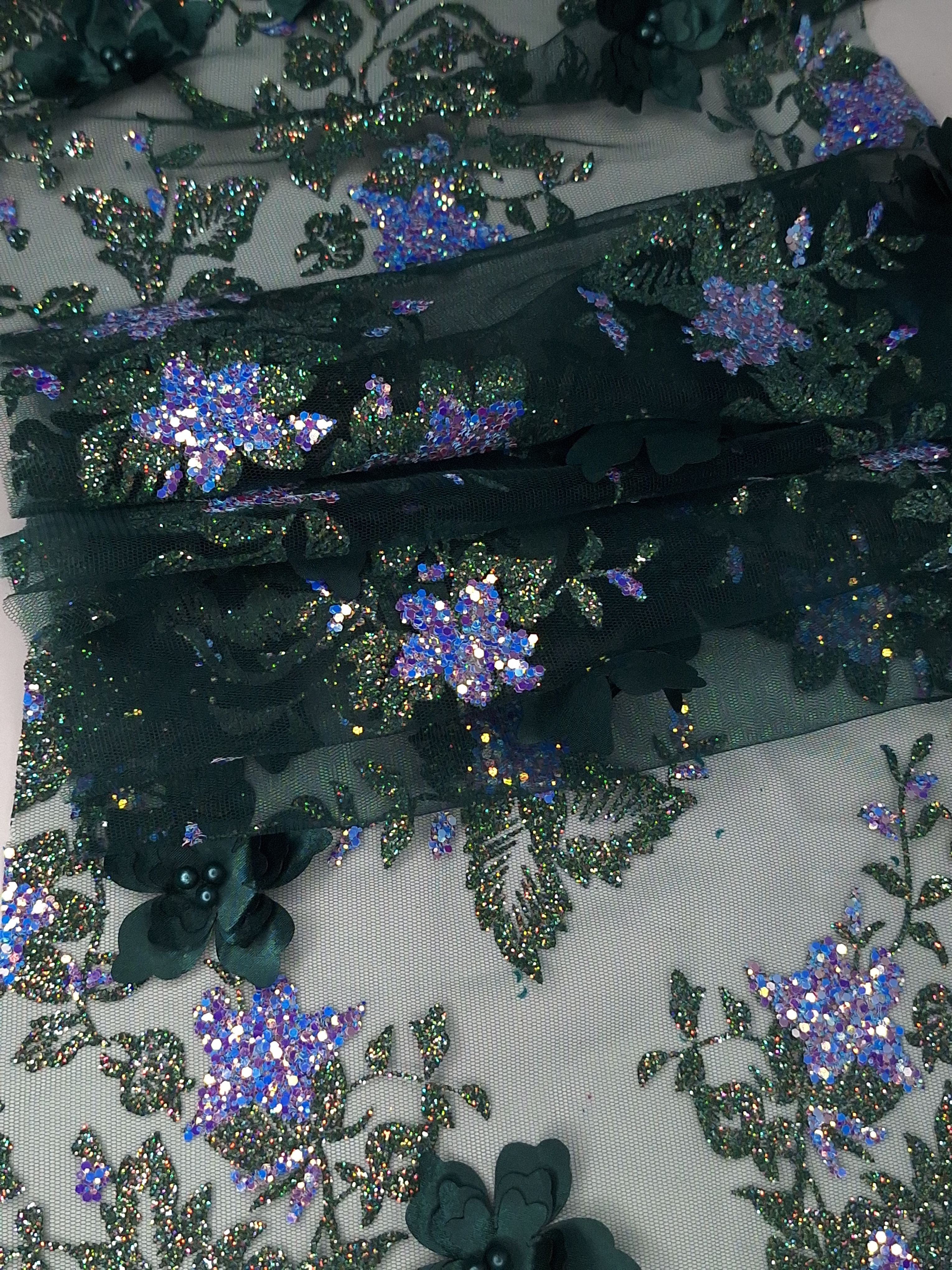 Tul bordado color botella H166, ideal para vestidos de noche de boda y de XV años