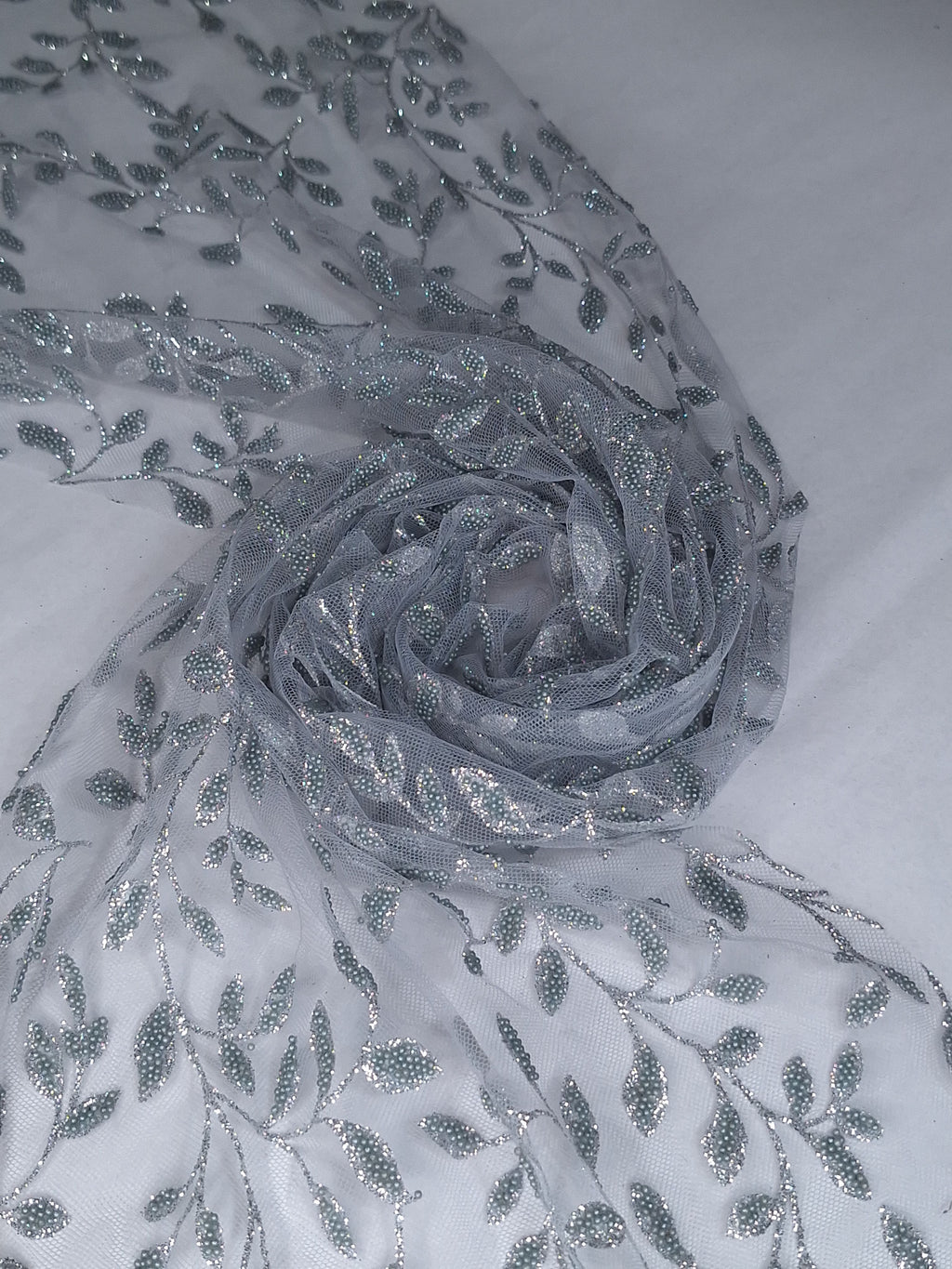 Tul bordado color plata H127, ideal para vestidos de noche de boda y de XV años
