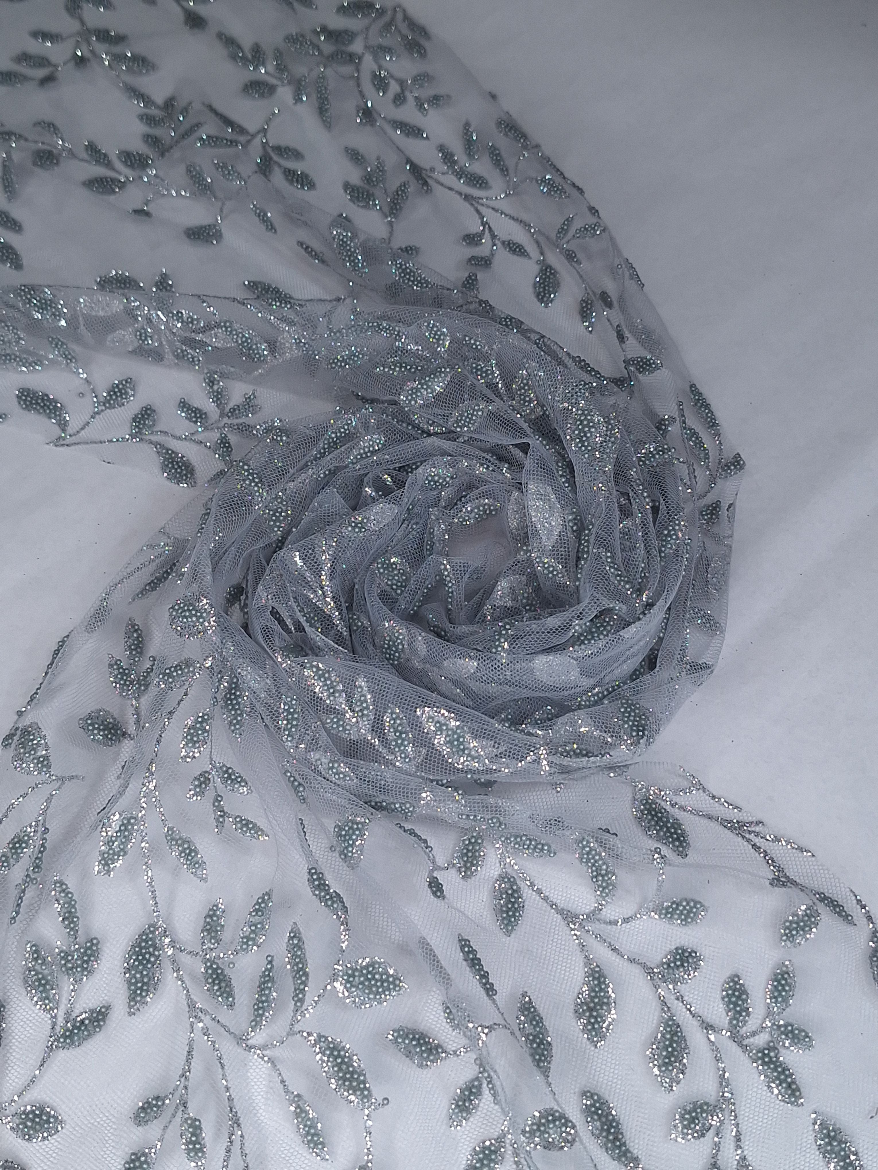 Tul bordado color plata H127, ideal para vestidos de noche de boda y de XV años