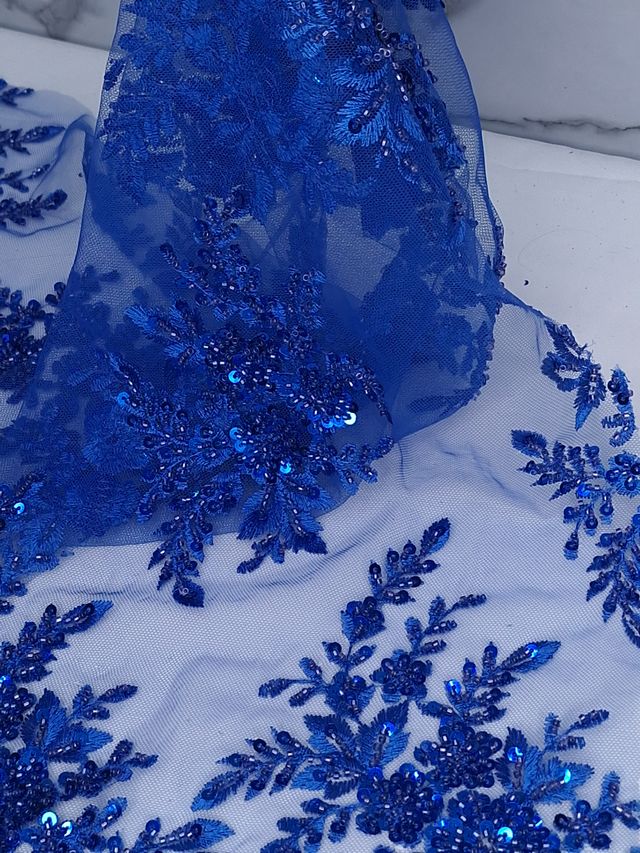 Tul bordado color azul rey A983, ideal para vestidos de noche de boda y de XV años